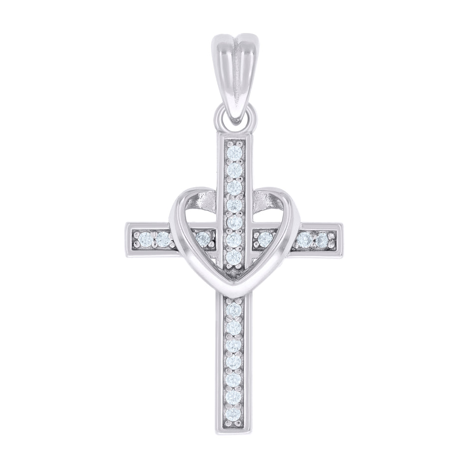 925 Sterling Silver Unisex Round Cubic-Zirconia Heart Cross Religious Charm Pendant