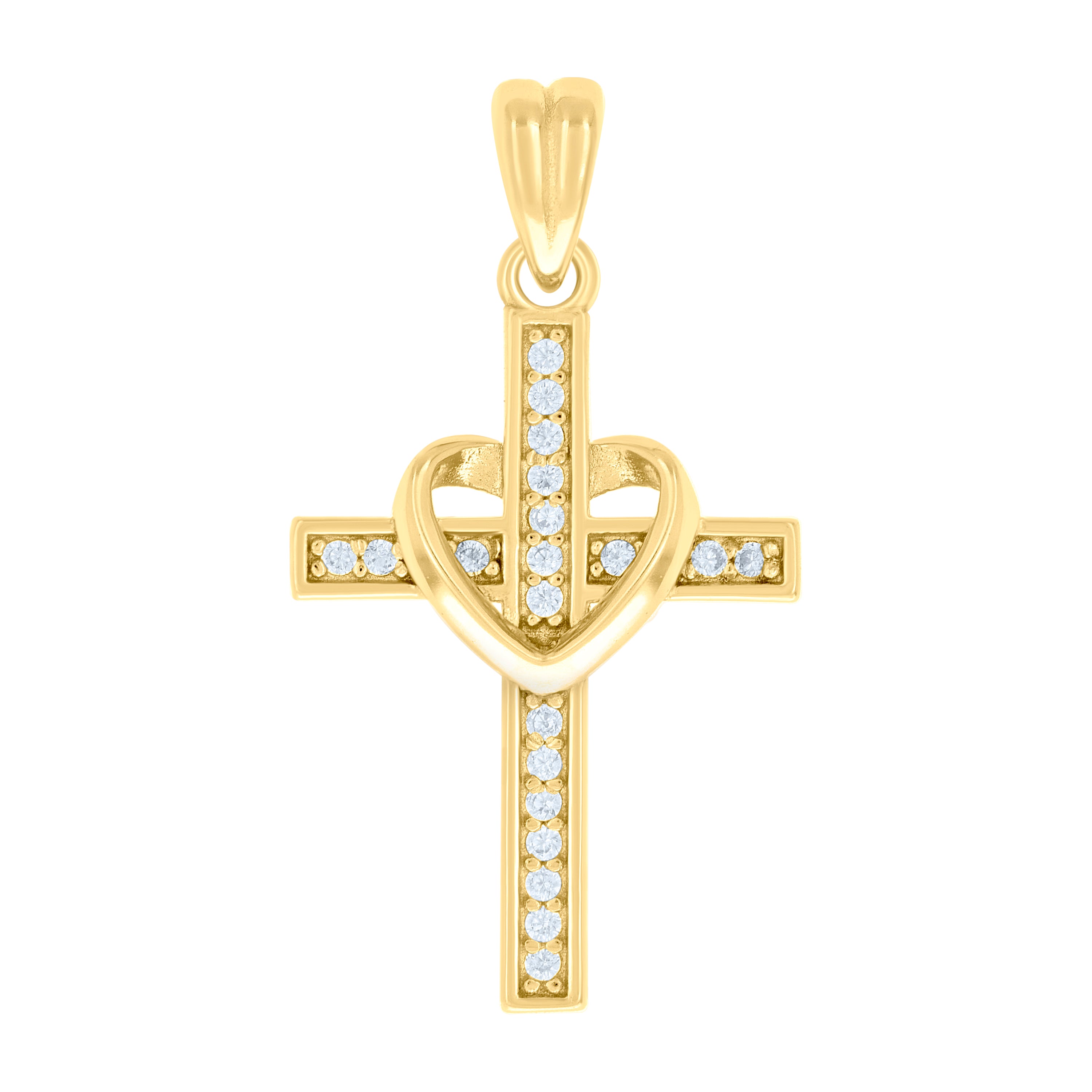 925 Sterling Silver Yellow-tone Unisex Round Cubic-Zirconia Heart Cross Religious Charm Pendant