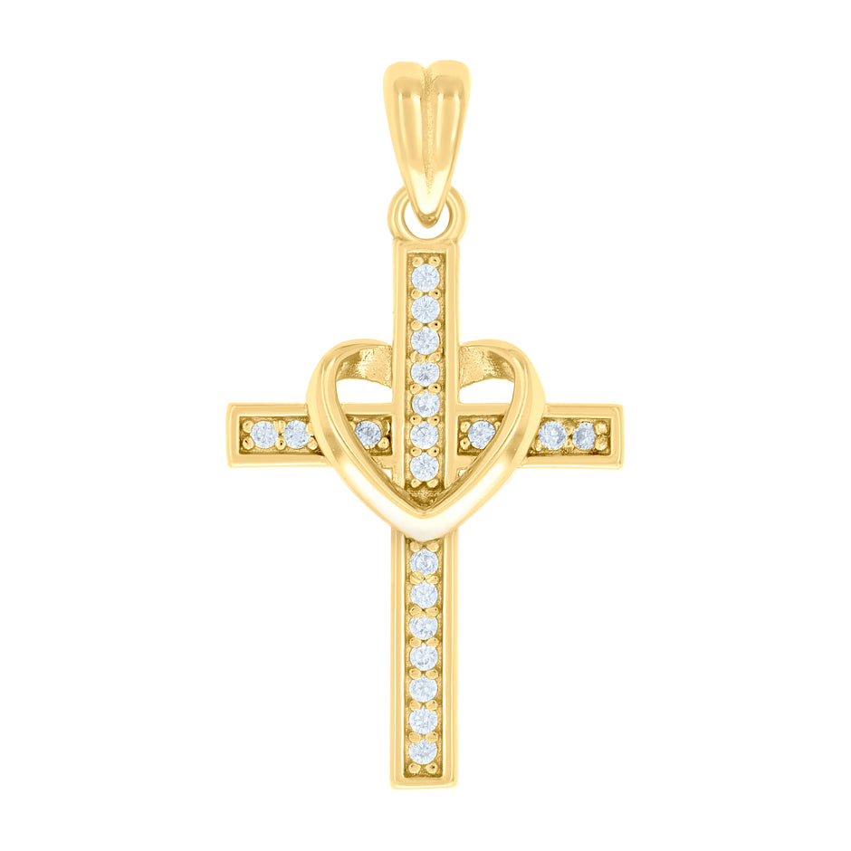 925 Sterling Silver Yellow-tone Unisex Round Cubic-Zirconia Heart Cross Religious Charm Pendant