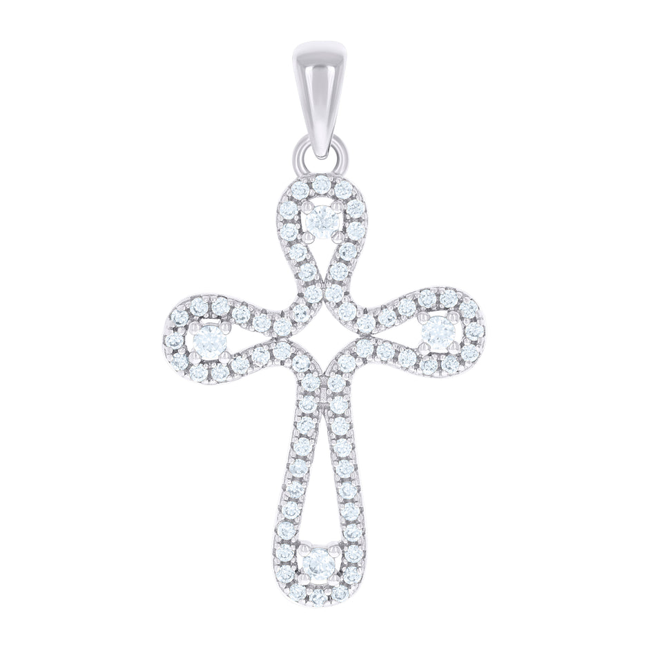 925 Sterling Silver Unisex Round Cubic-Zirconia Cross Religious Charm Pendant
