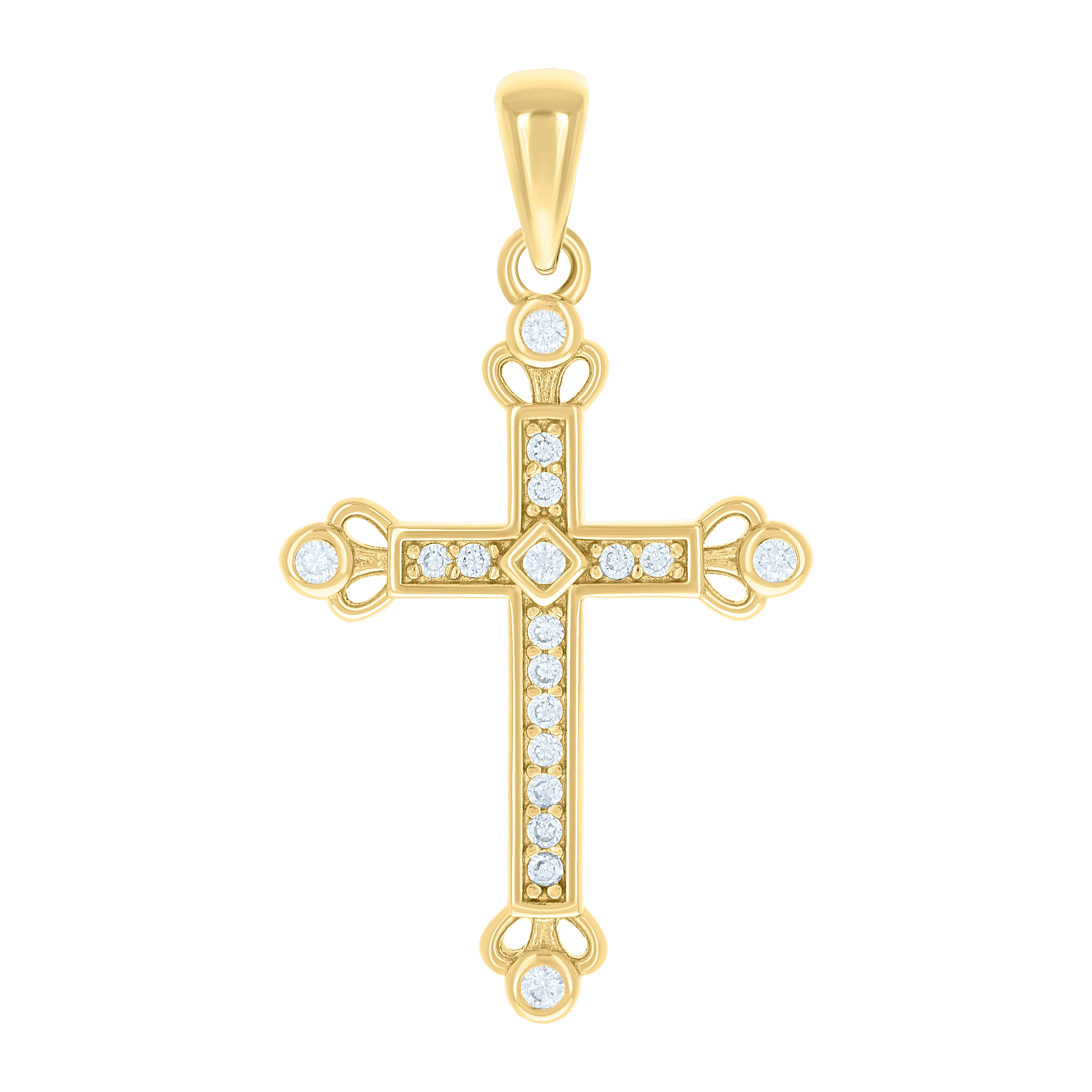 925 Sterling Silver Yellow-tone Unisex Round Cubic-Zirconia Cross Religious Charm Pendant