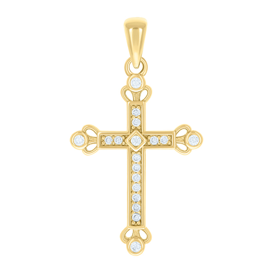 925 Sterling Silver Yellow-tone Unisex Round Cubic-Zirconia Cross Religious Charm Pendant