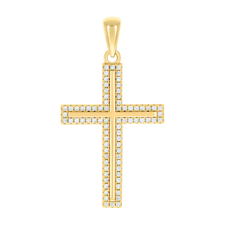 925 Sterling Silver Yellow-tone Unisex Cubic-Zirconia Cross Religious Charm Pendant