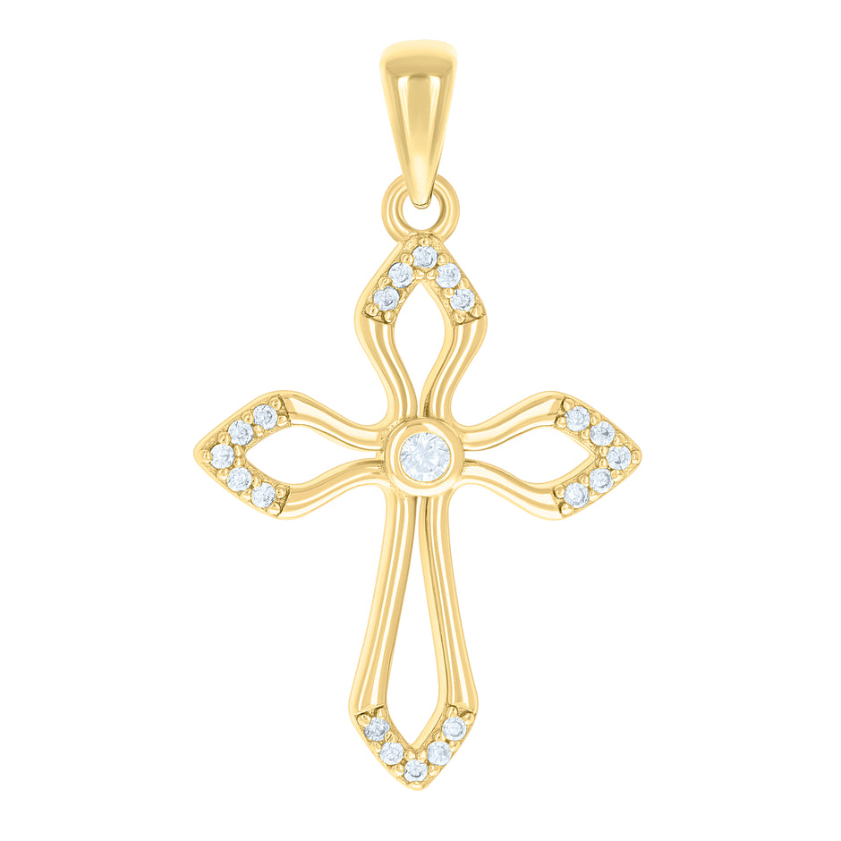 925 Sterling Silver Yellow-tone Unisex Cubic-Zirconia Cross Religious Charm Pendant