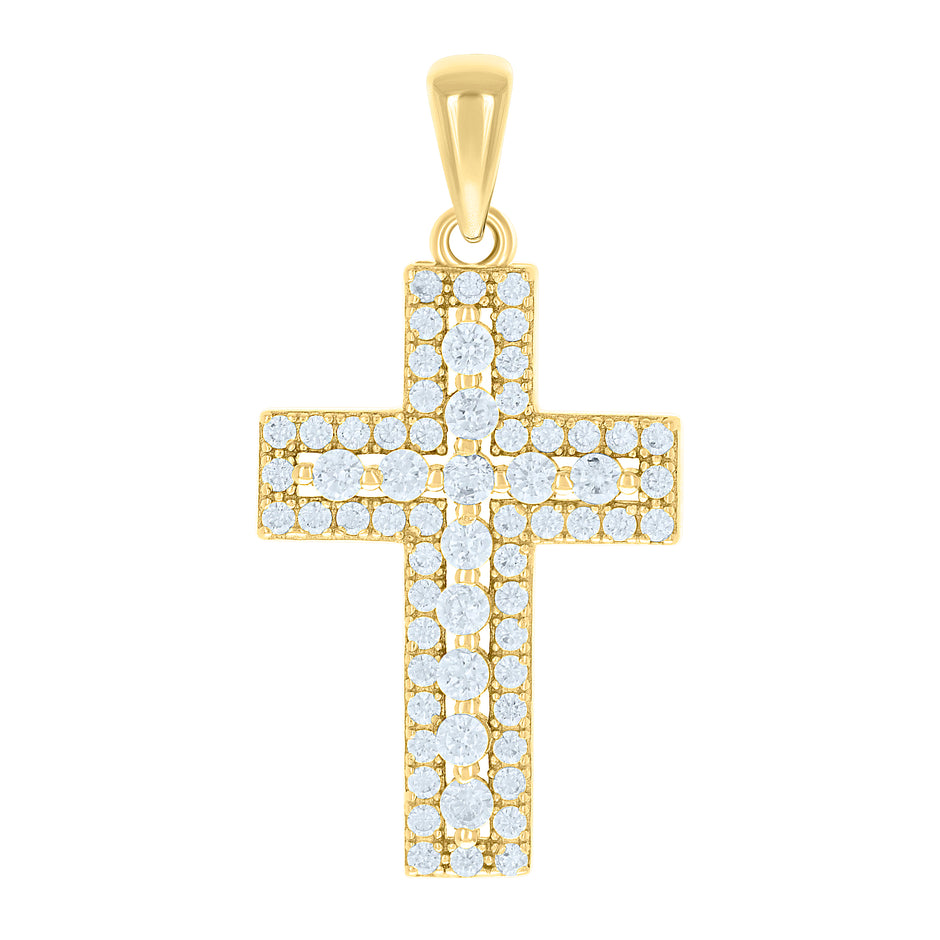 925 Sterling Silver Yellow-tone Unisex Cubic-Zirconia Cross Religious Charm Pendant