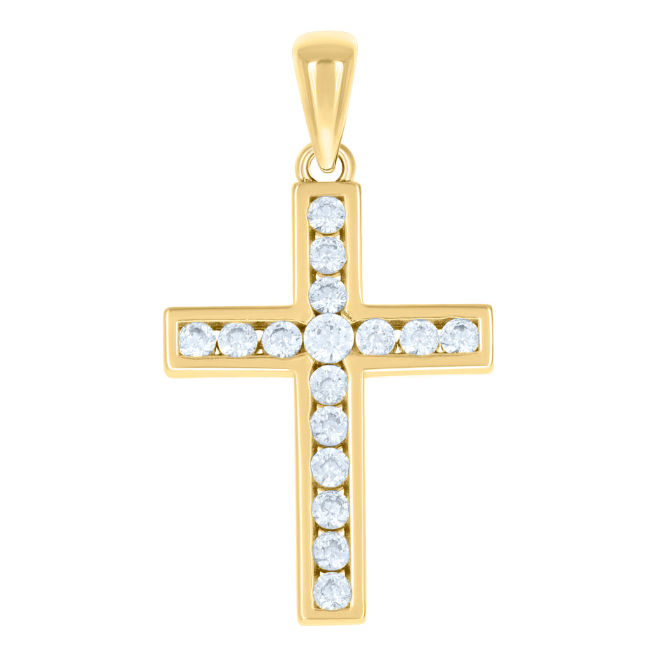 925 Sterling Silver Yellow-tone Unisex Cubic-Zirconia Cross Religious Charm Pendant