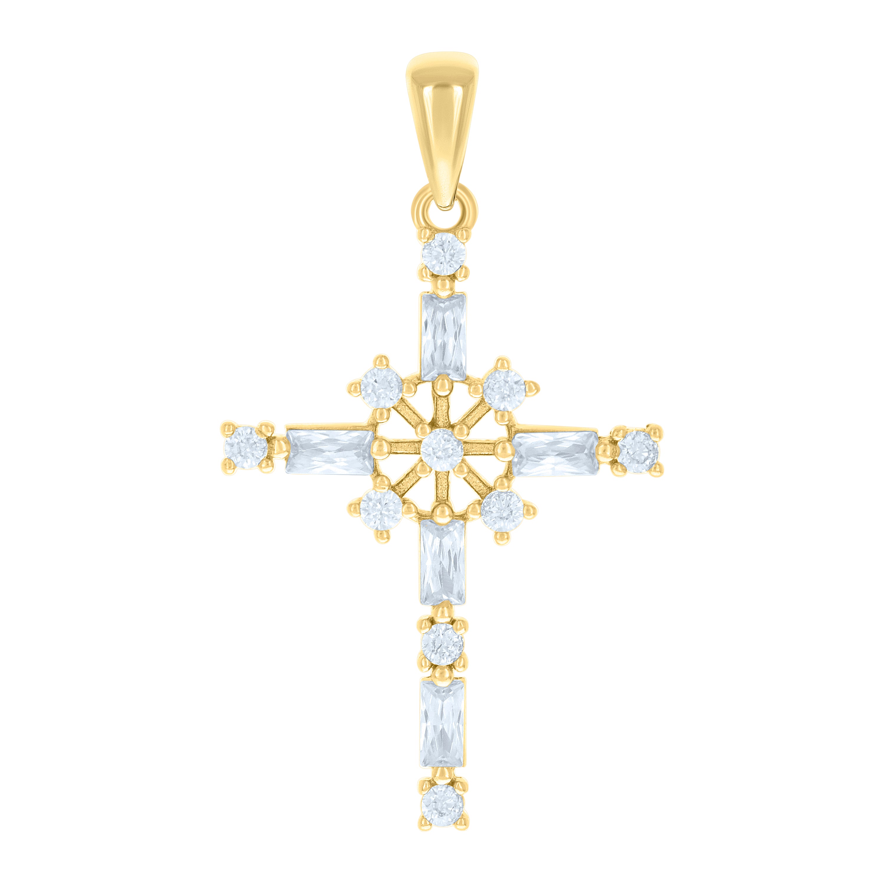 925 Sterling Silver Yellow-tone Unisex Baguette Round Cubic-Zirconia Cross Religious Charm Pendant