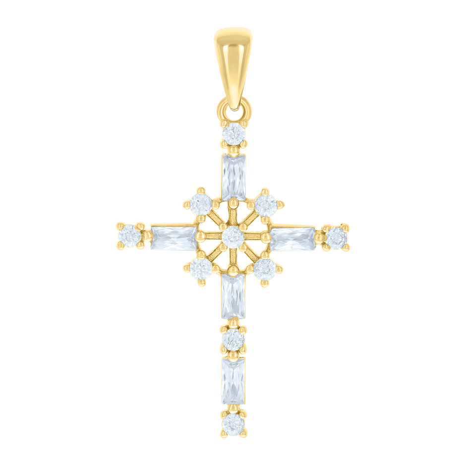 925 Sterling Silver Yellow-tone Unisex Baguette Round Cubic-Zirconia Cross Religious Charm Pendant