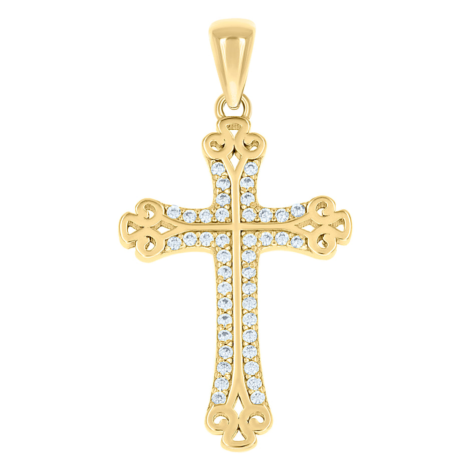 925 Sterling Silver Yellow-tone Unisex Cubic-Zirconia Cross Religious Charm Pendant