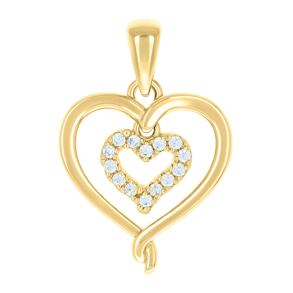 925 Sterling Silver Yellow-tone Womens Cubic-Zirconia Heart In Heart Pendant 