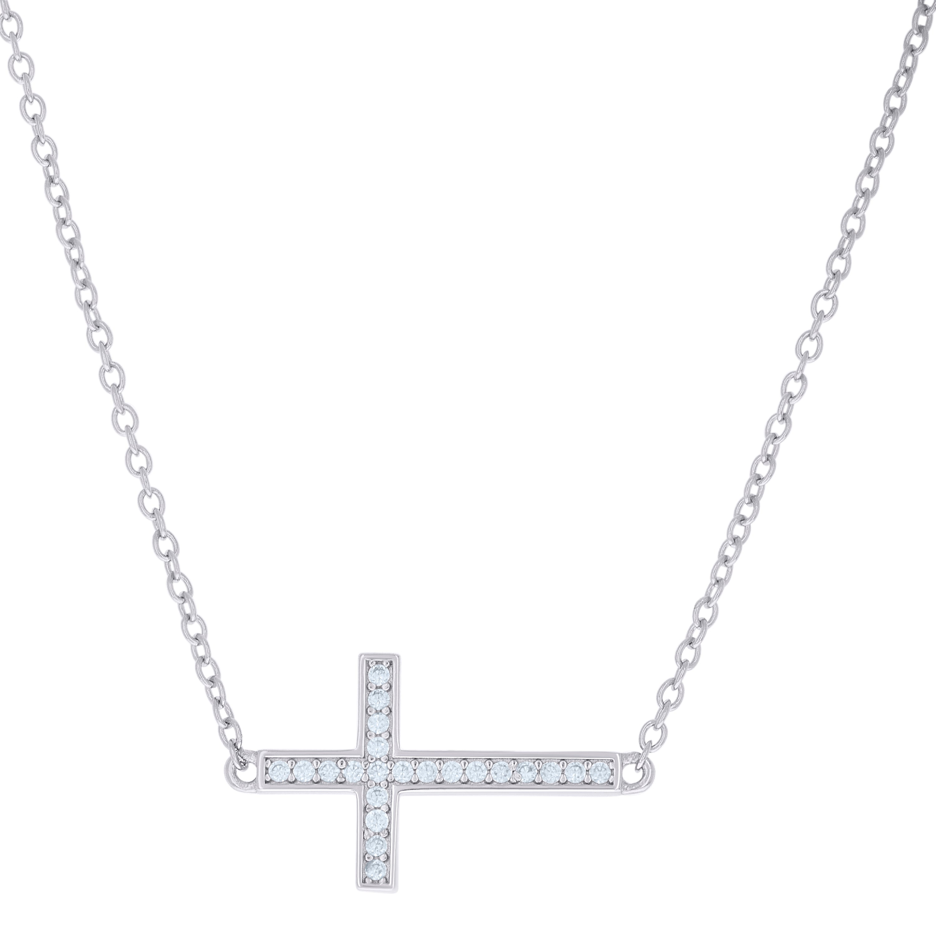 925 Sterling Silver Womens Cubic-Zirconia Sideways Cross Religious Charm Necklace Size 16 + 1.5 Inches