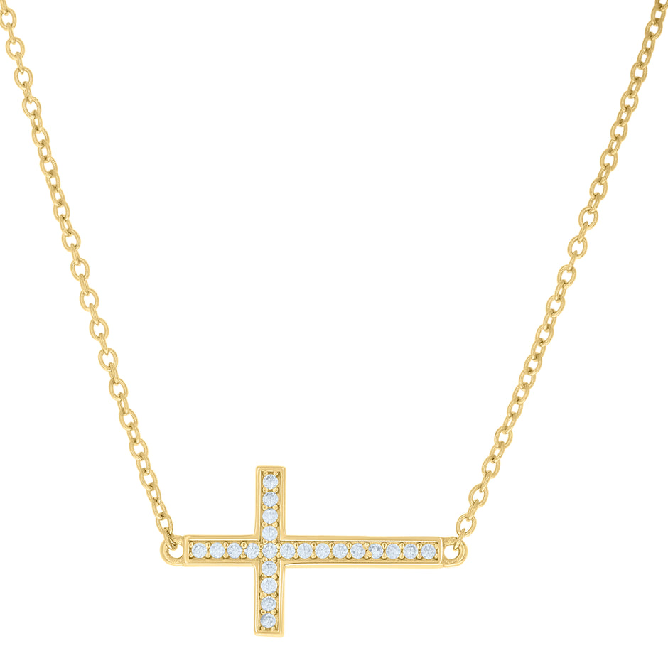925 Sterling Silver Yellow-tone Womens Cubic-Zirconia Sideways Cross Religious Charm Necklace Size 16 + 1.5 Inches