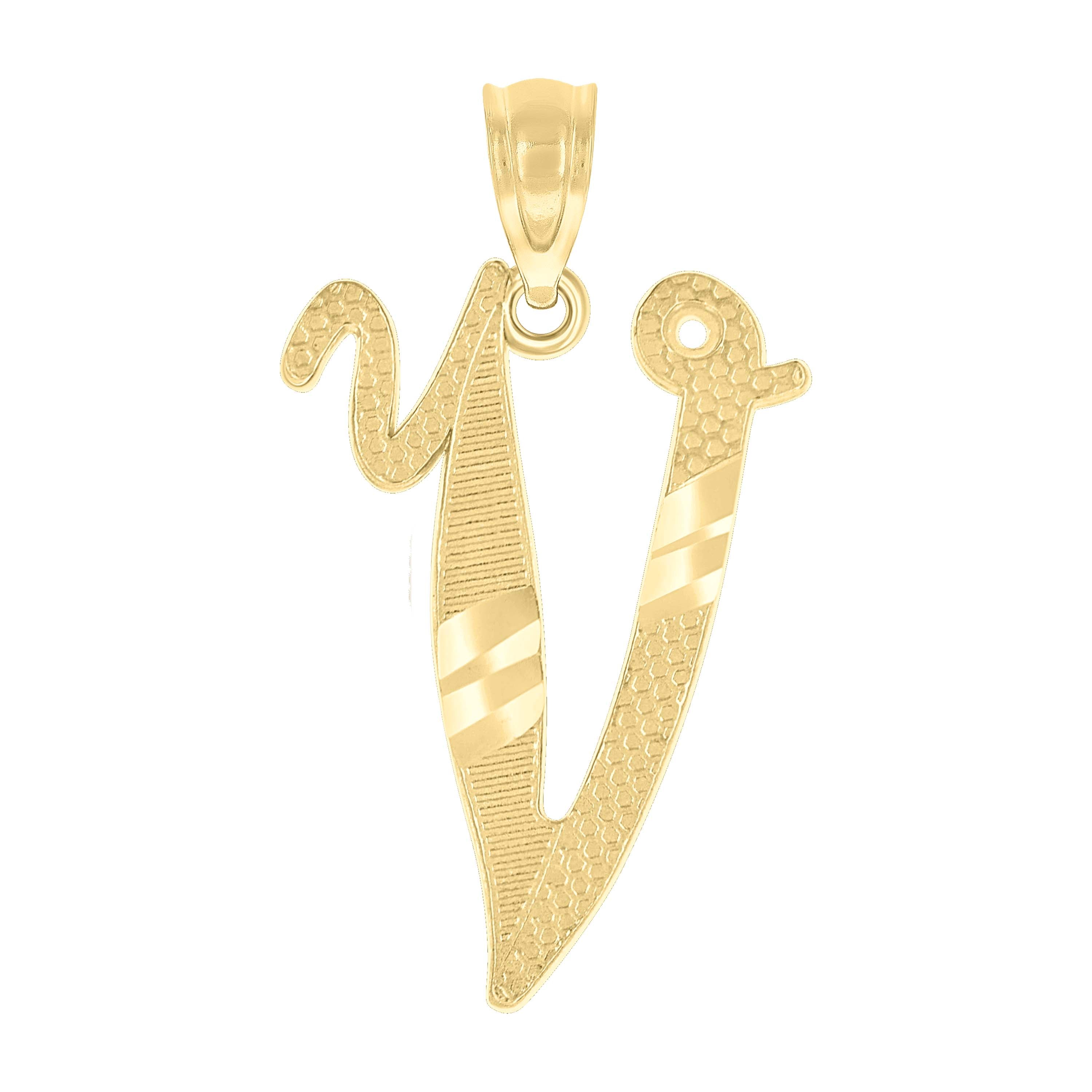 10kt Yellow Gold Unisex Diamond-Cut Initial V Charm Pendant