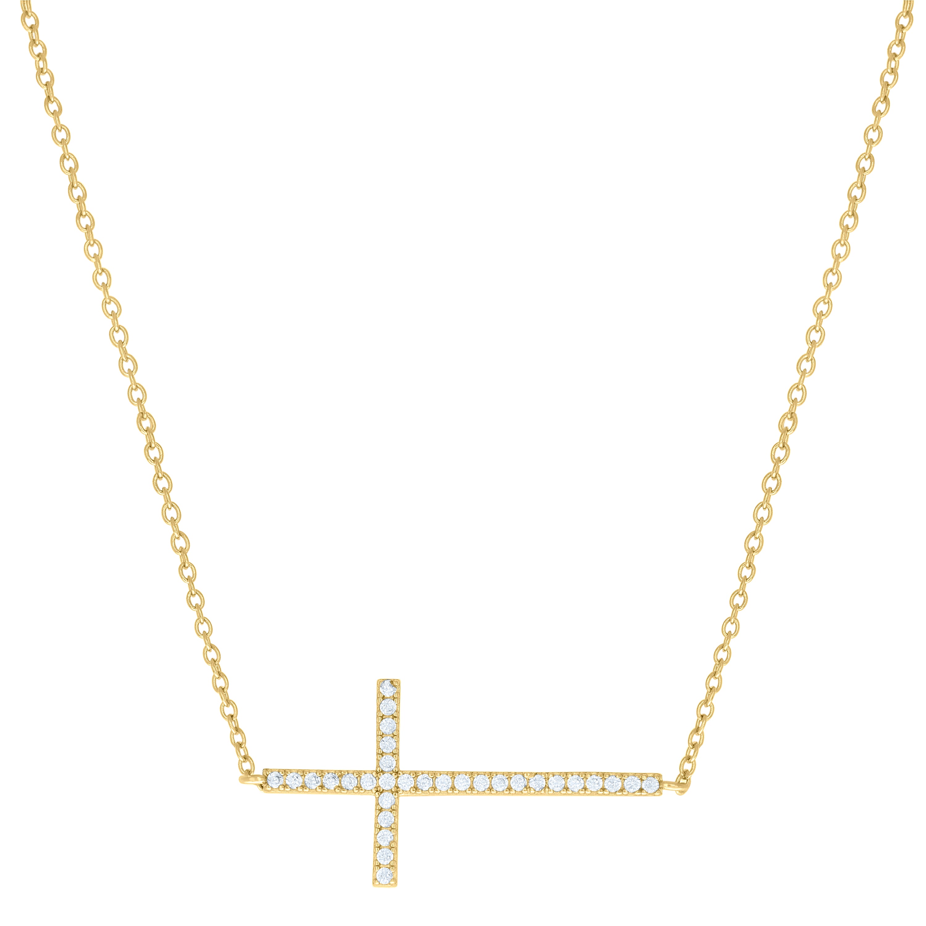 925 Sterling Silver Yellow-tone Womens Cubic-Zirconia Sideways Cross Religious Charm Necklace Size 17 + 1 Inches