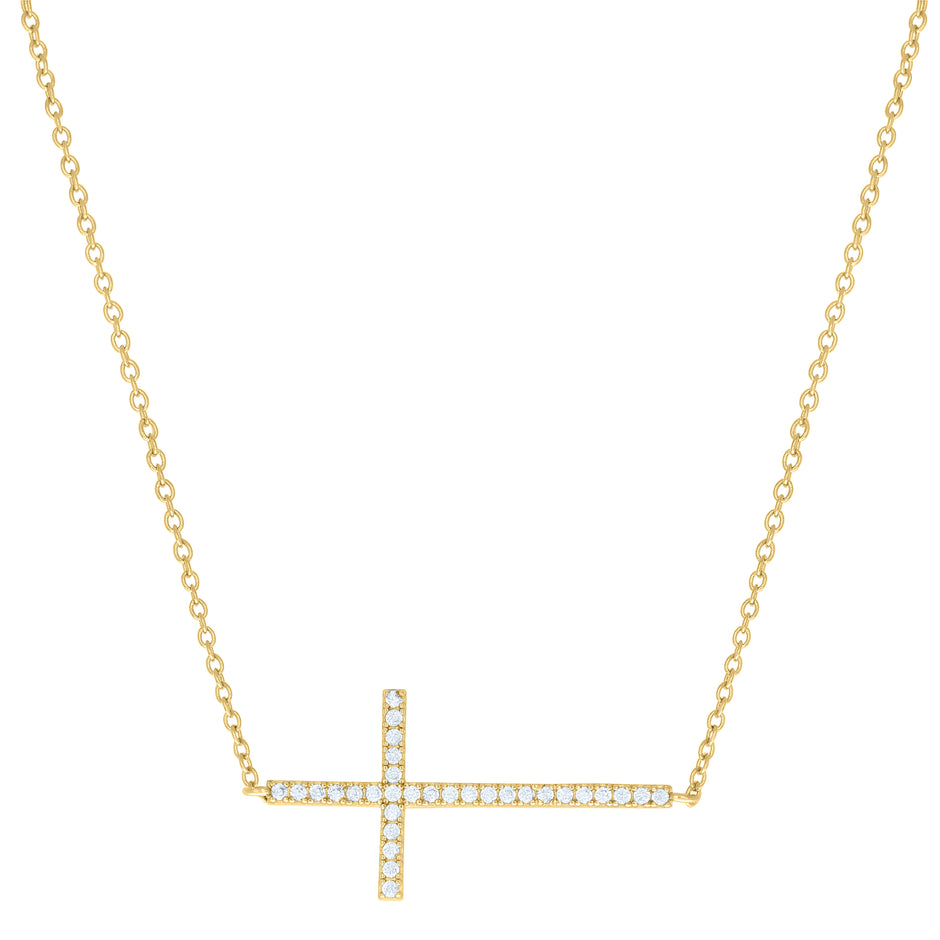 925 Sterling Silver Yellow-tone Womens Cubic-Zirconia Sideways Cross Religious Charm Necklace Size 17 + 1 Inches