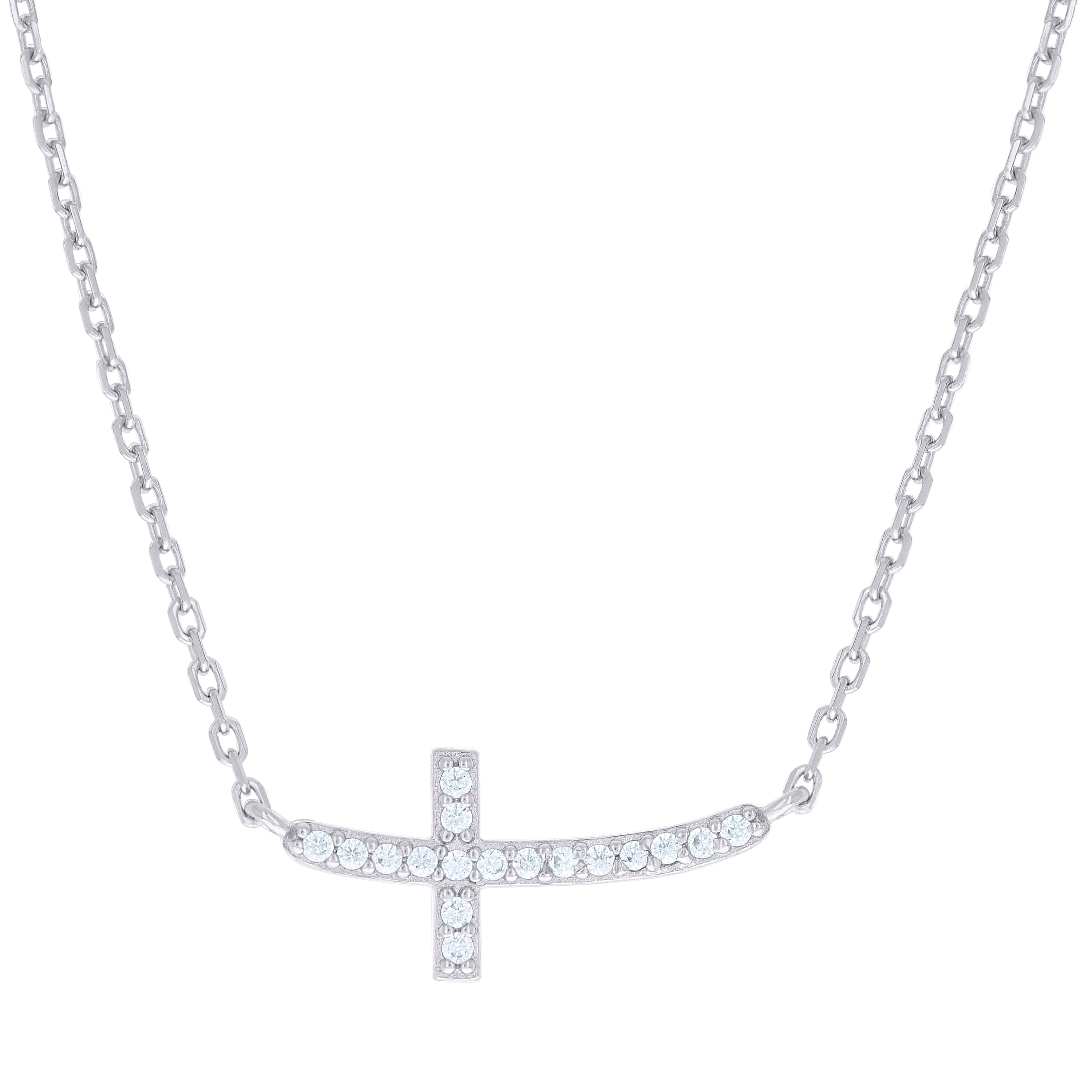 925 Sterling Silver Unisex Cubic-Zirconia Sideways Cross Necklace Size 16 + 1.5 Inches