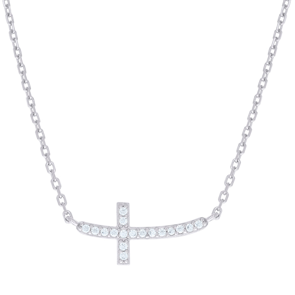 925 Sterling Silver Unisex Cubic-Zirconia Sideways Cross Necklace Size 16 + 1.5 Inches