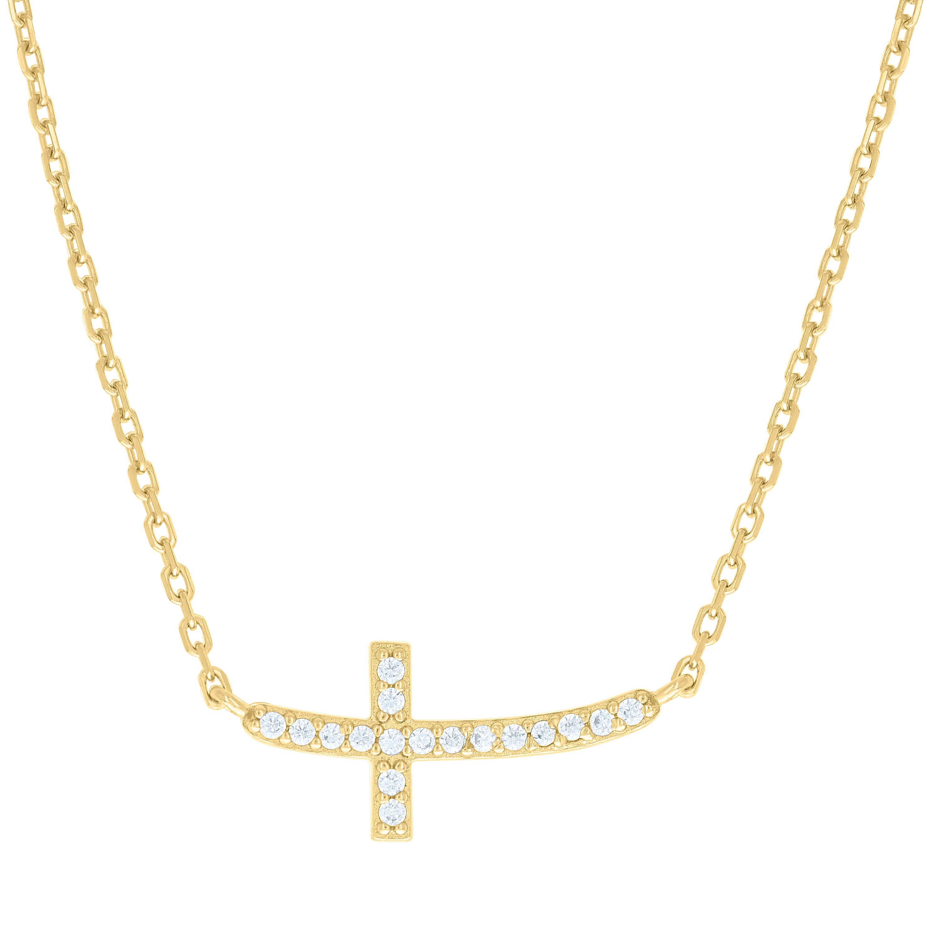 925 Sterling Silver Yellow-tone Unisex Cubic-Zirconia Sideways Cross Necklace Size 16 + 1.5 Inches