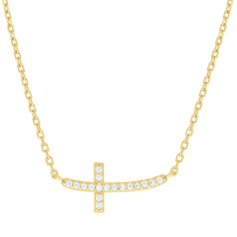 925 Sterling Silver Yellow-tone Unisex Cubic-Zirconia Sideways Cross Necklace Size 16 + 1.5 Inches