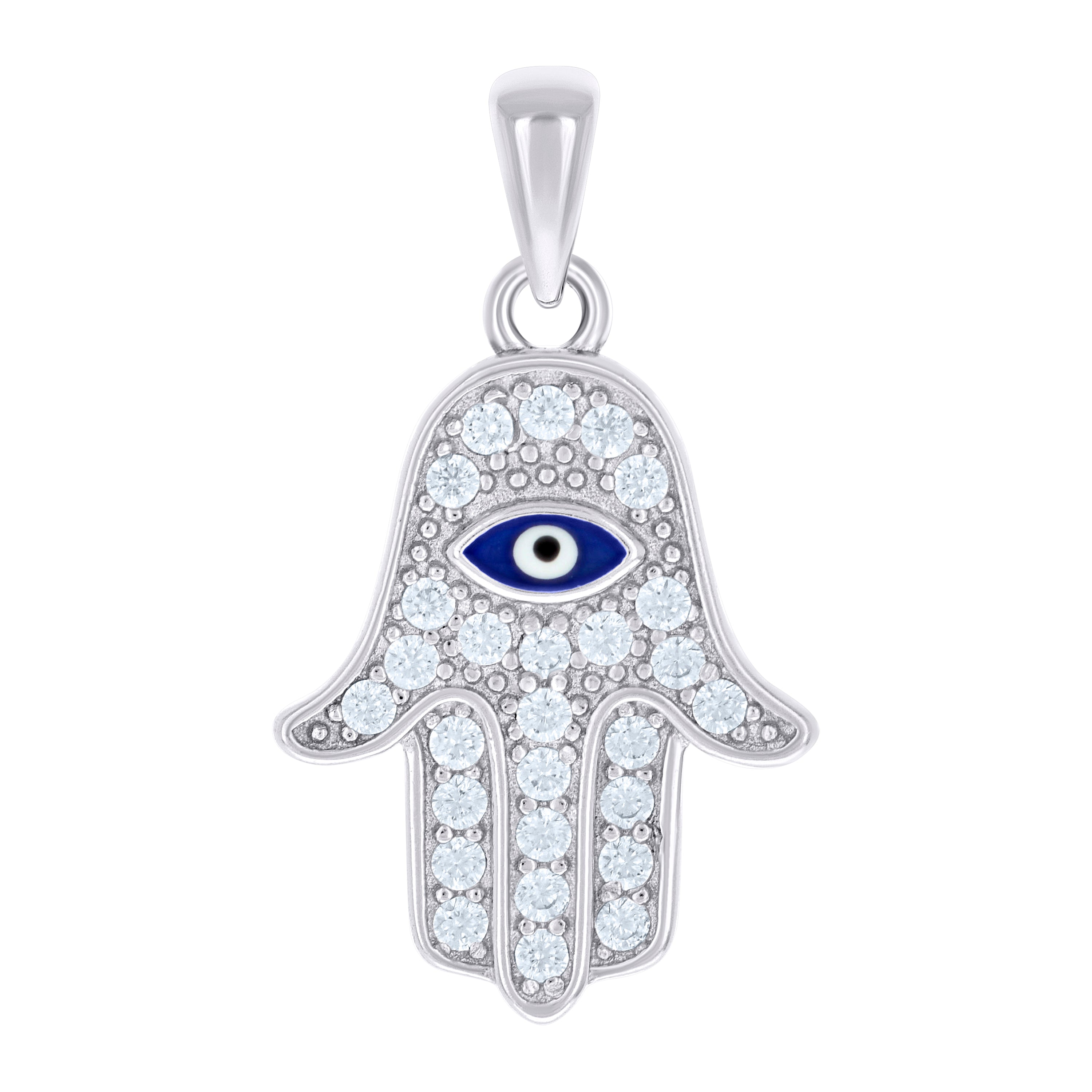 925 Sterling Silver Unisex Cubic-Zirconia Enameled Evil Eye Hamsa Pendant 