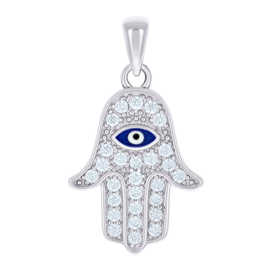 925 Sterling Silver Unisex Cubic-Zirconia Enameled Evil Eye Hamsa Pendant 