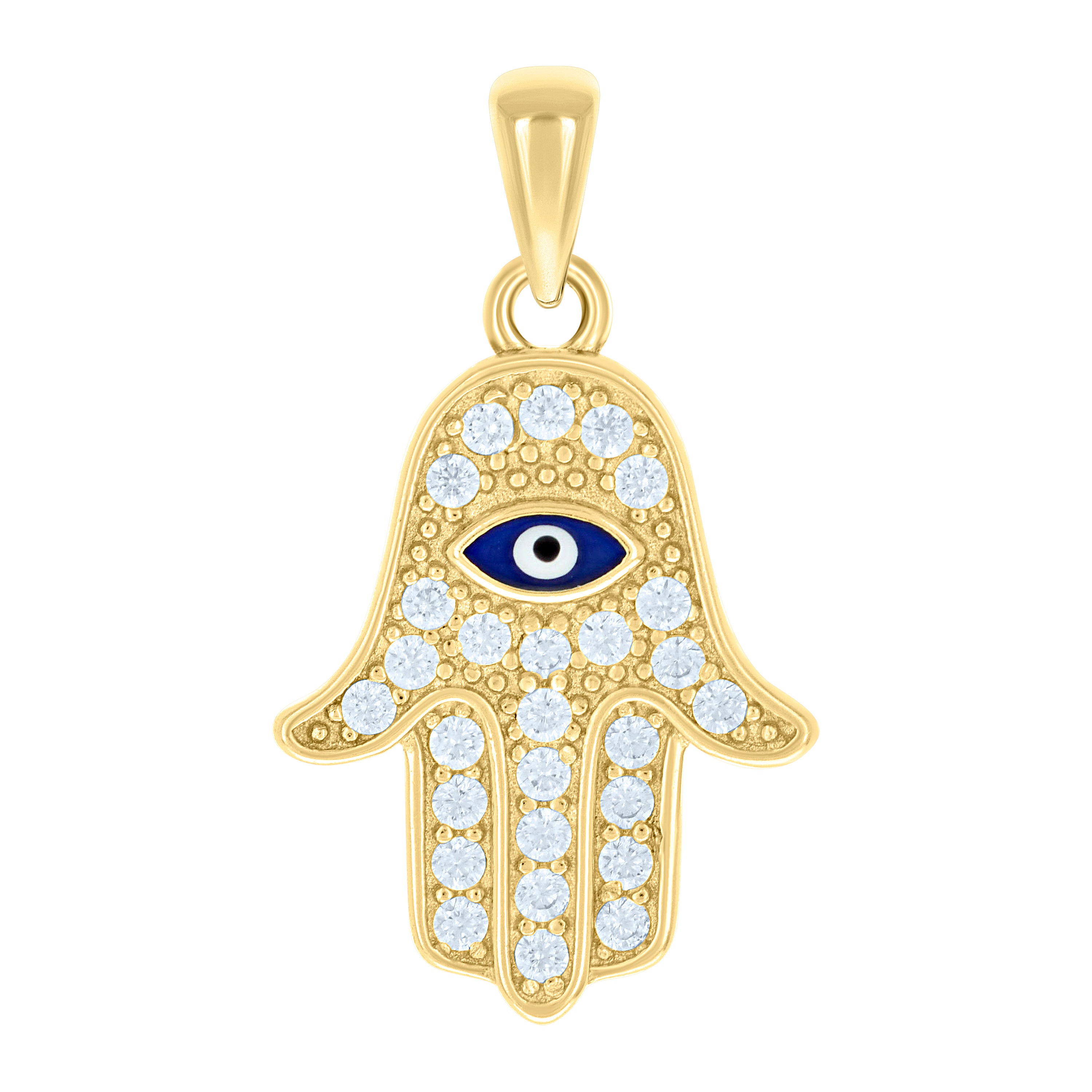 925 Sterling Silver Yellow-tone Unisex Cubic-Zirconia Enameled Evil Eye Hamsa Pendant 