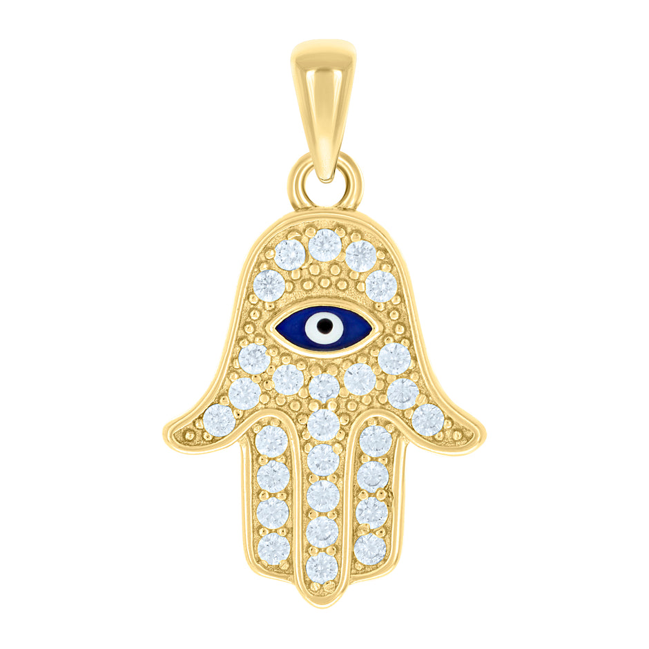 925 Sterling Silver Yellow-tone Unisex Cubic-Zirconia Enameled Evil Eye Hamsa Pendant 