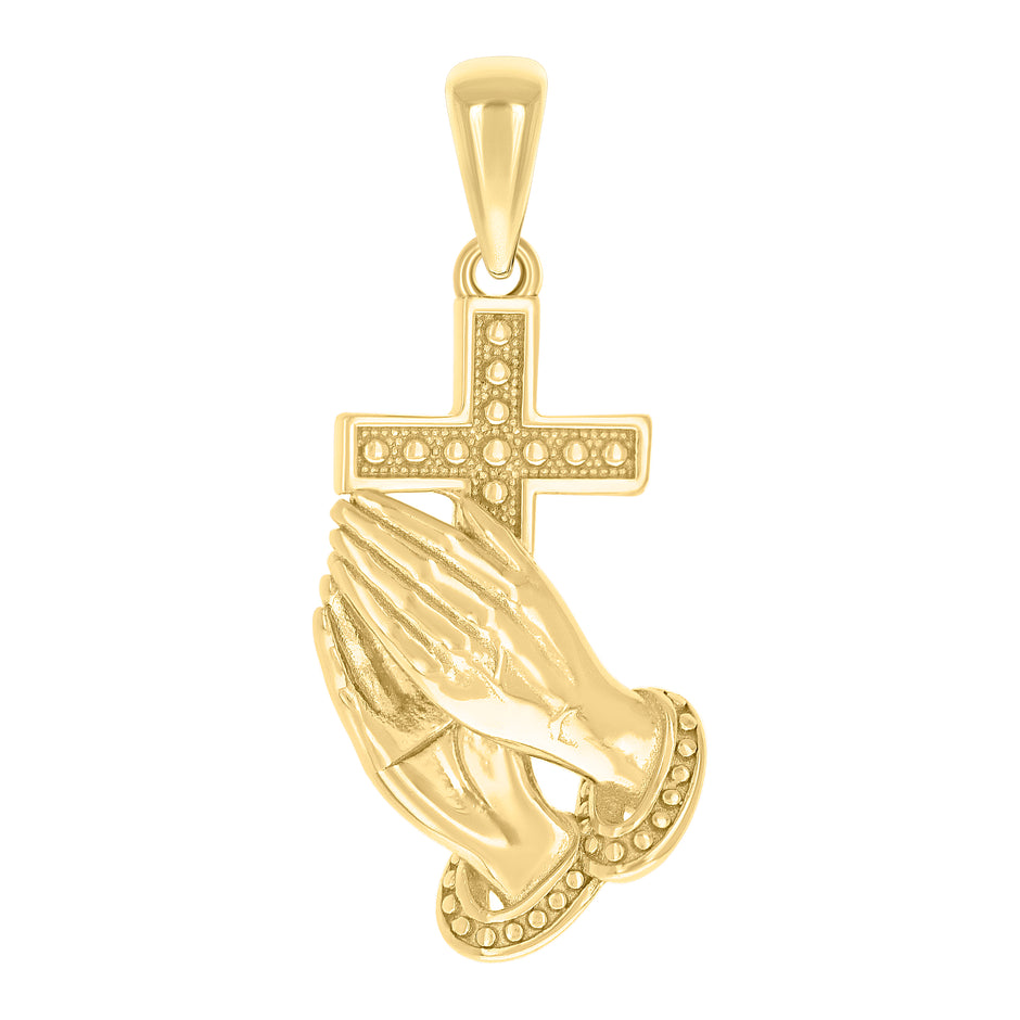 925 Sterling Silver Yellow-tone Unisex Without CZ Cross Praying Hands Symbol Religious Pendant 