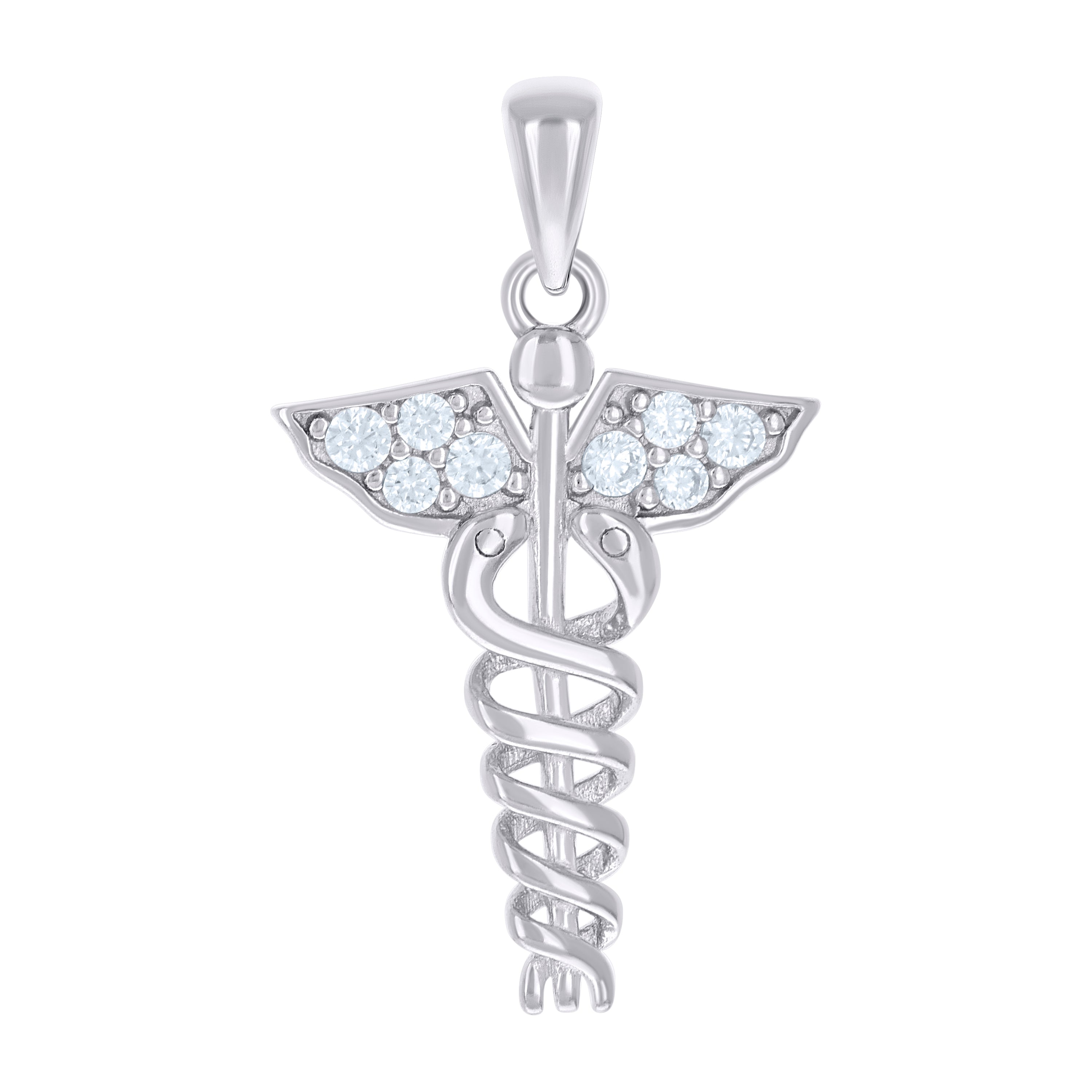 925 Sterling Silver Unisex Cubic-Zirconia Caduceus Medical Symbol Occupation Pendant 