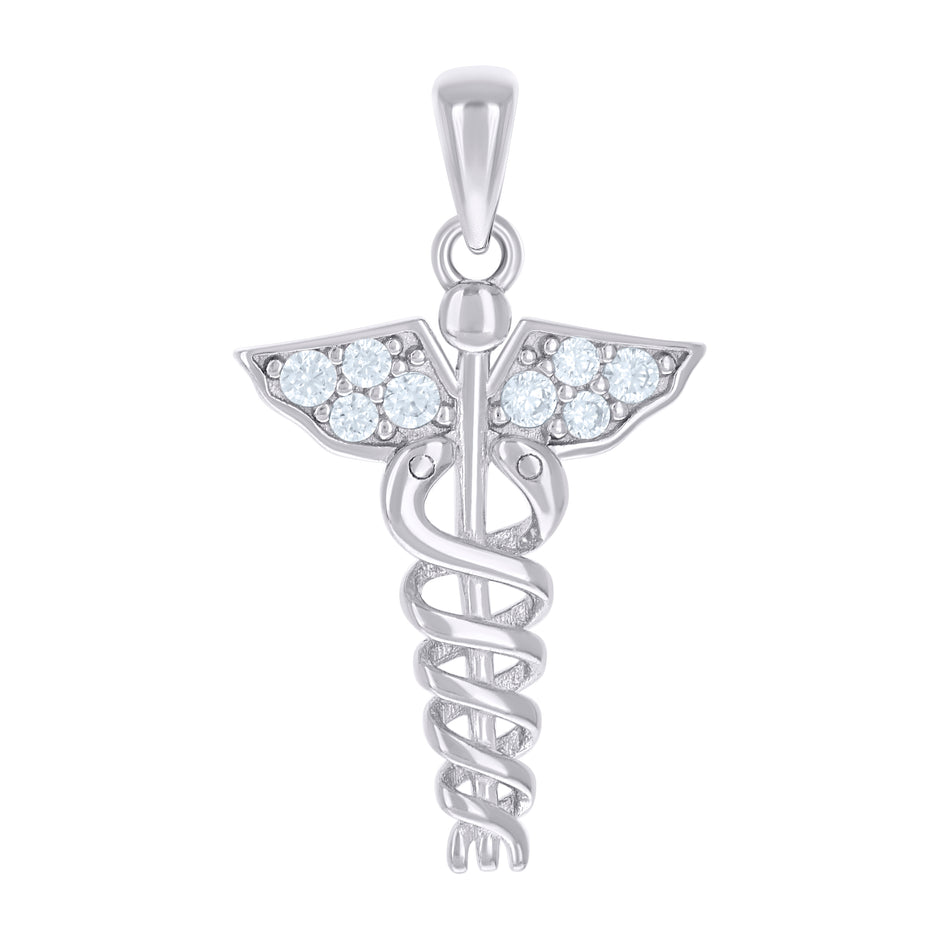 925 Sterling Silver Unisex Cubic-Zirconia Caduceus Medical Symbol Occupation Pendant 