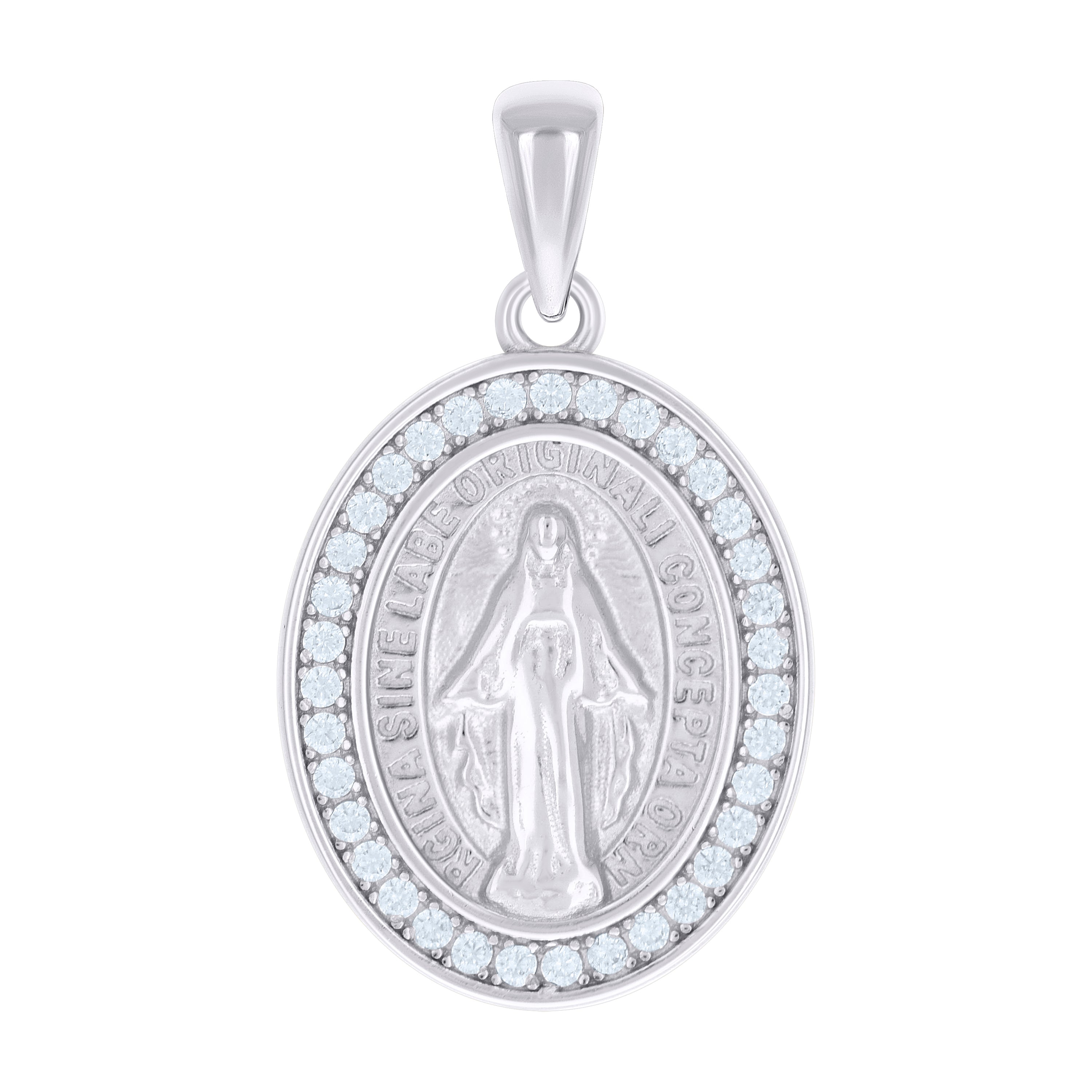 925 Sterling Silver Unisex Cubic-Zirconia Oval Miraculous Virgin Mary Religious Pendant 