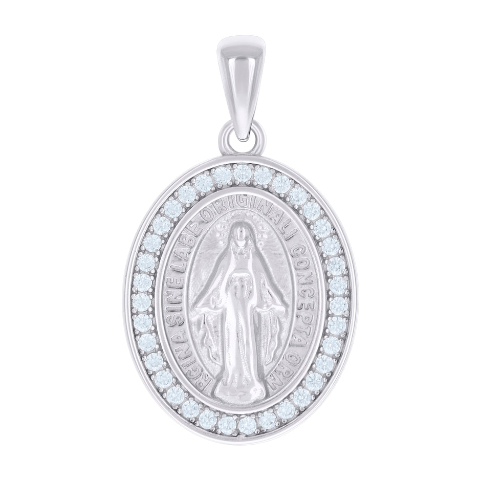 925 Sterling Silver Unisex Cubic-Zirconia Oval Miraculous Virgin Mary Religious Pendant 