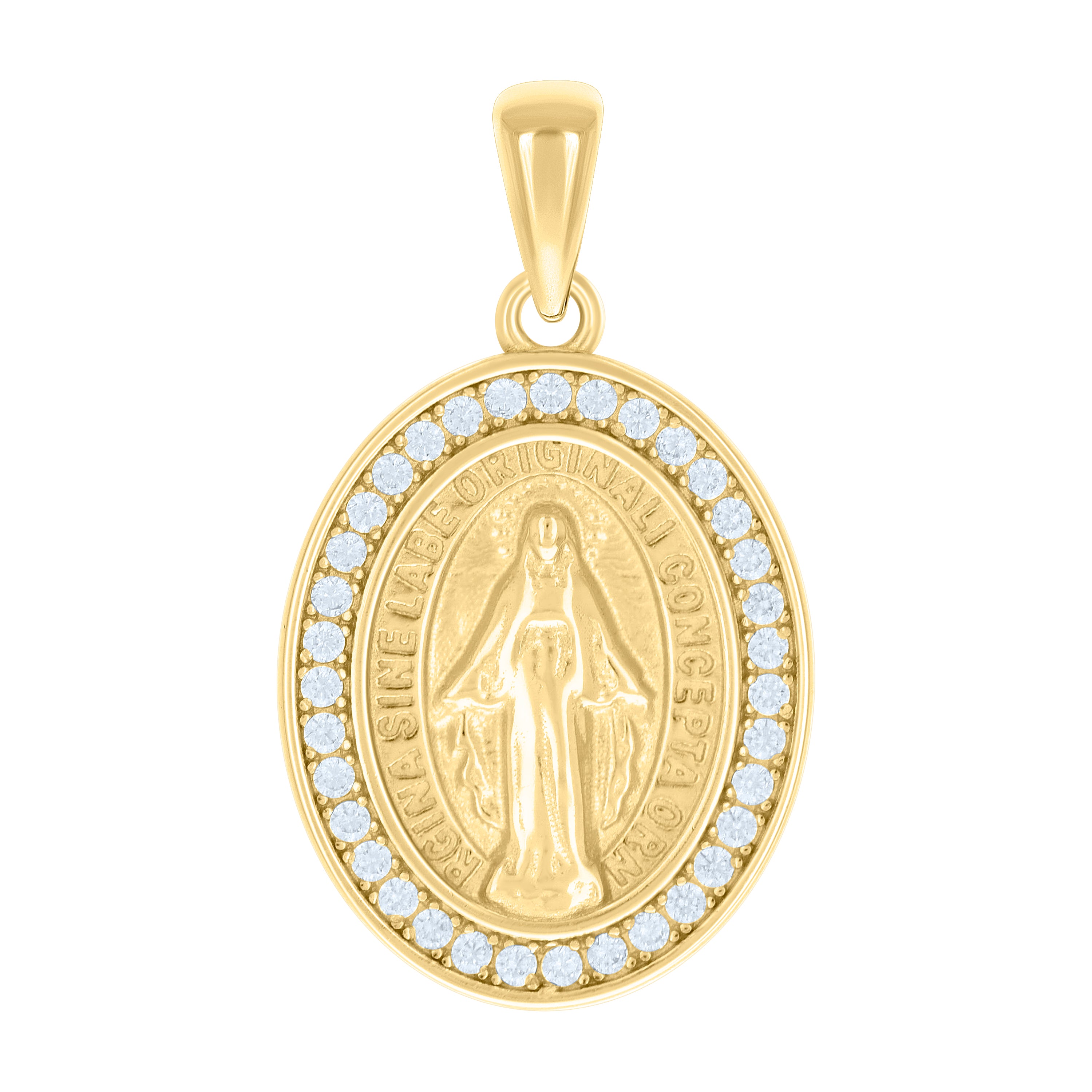 925 Sterling Silver Yellow-tone Unisex Cubic-Zirconia Oval Miraculous Virgin Mary Religious Pendant 