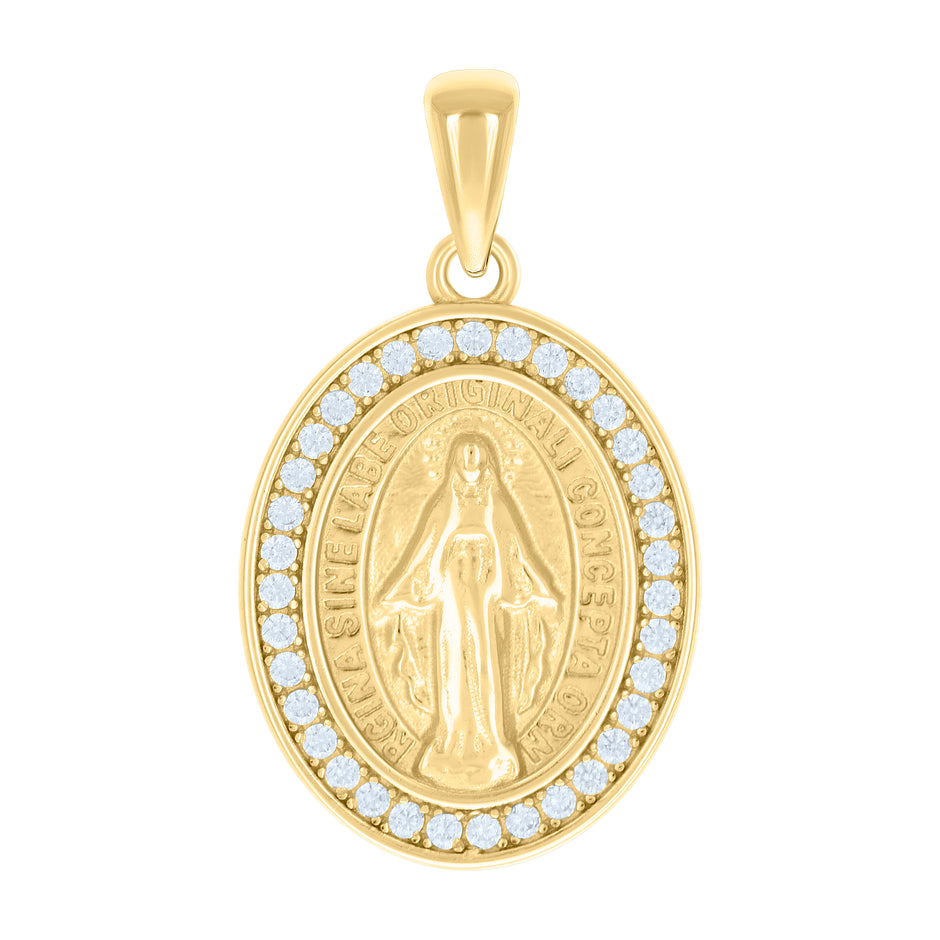 925 Sterling Silver Yellow-tone Unisex Cubic-Zirconia Oval Miraculous Virgin Mary Religious Pendant 