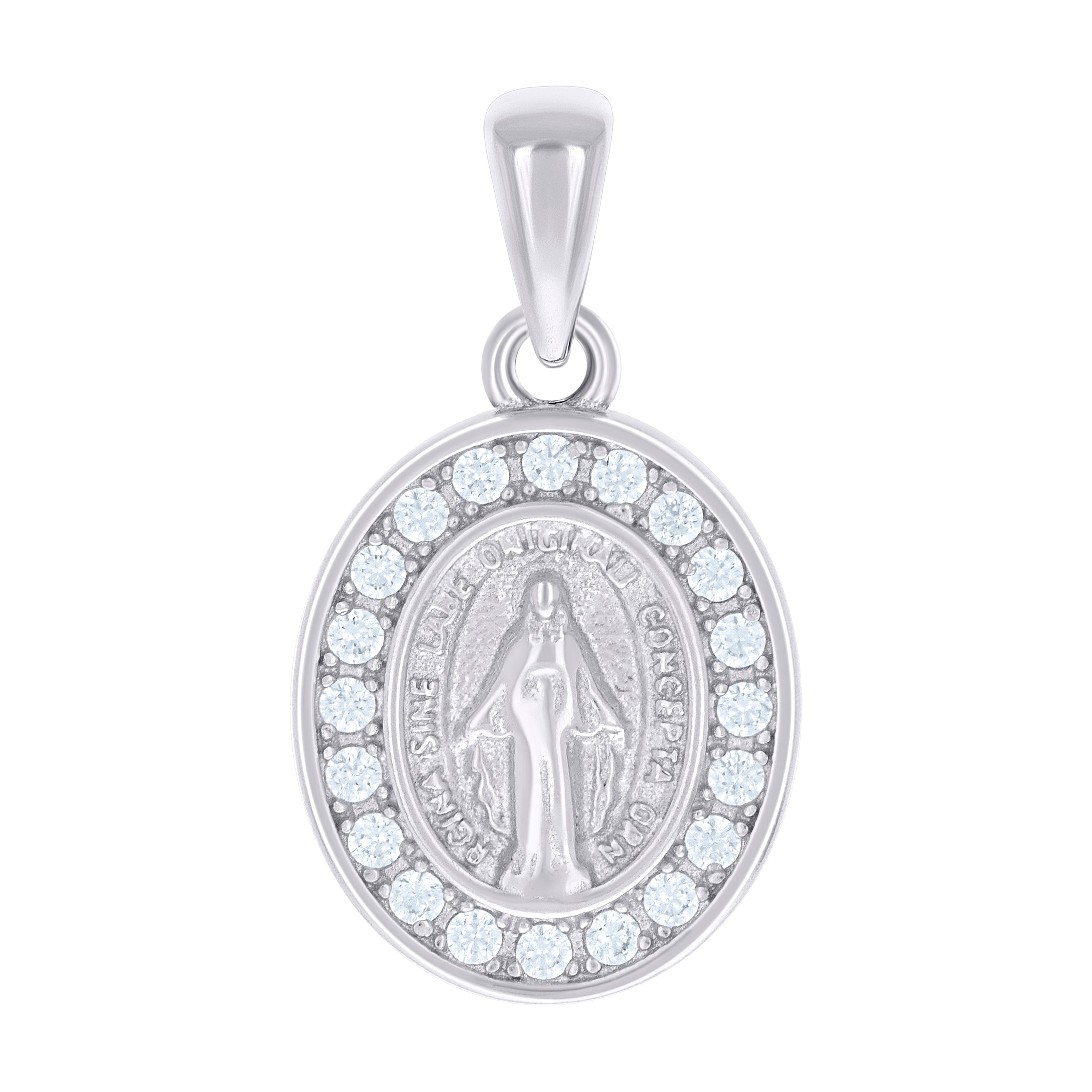 925 Sterling Silver Unisex Cubic-Zirconia Oval Miraculous Virgin Mary Religious Pendant 