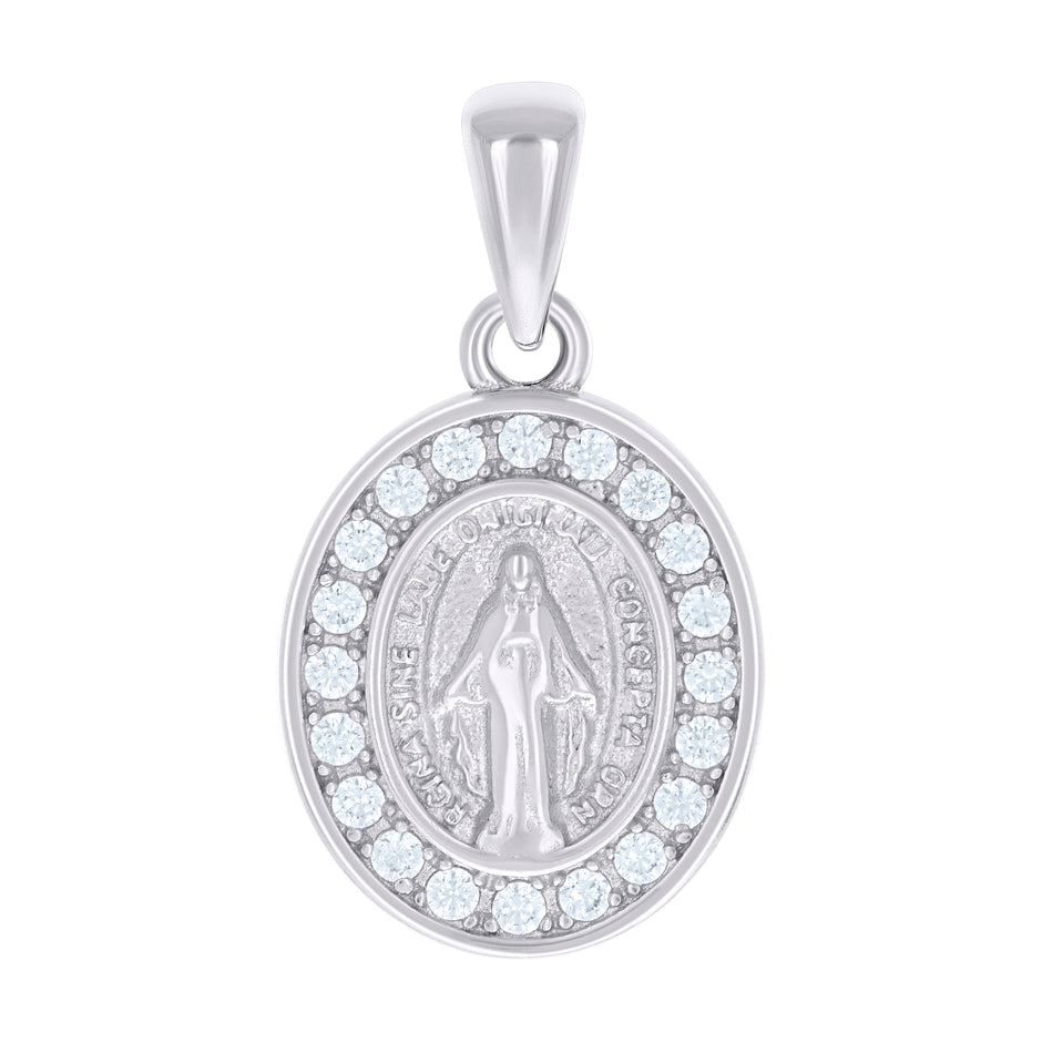 925 Sterling Silver Unisex Cubic-Zirconia Oval Miraculous Virgin Mary Religious Pendant 