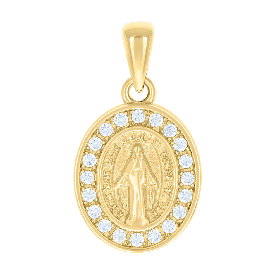 925 Sterling Silver Yellow-tone Unisex Cubic-Zirconia Oval Miraculous Virgin Mary Religious Pendant 