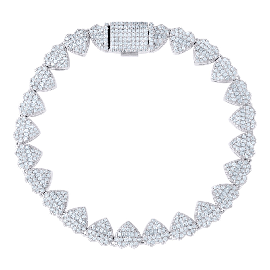 925 Sterling Silver 2.60ct Round, 1.91ct Baguette Moissanite Heart Link Bracelet 8mm Size 7 Inches