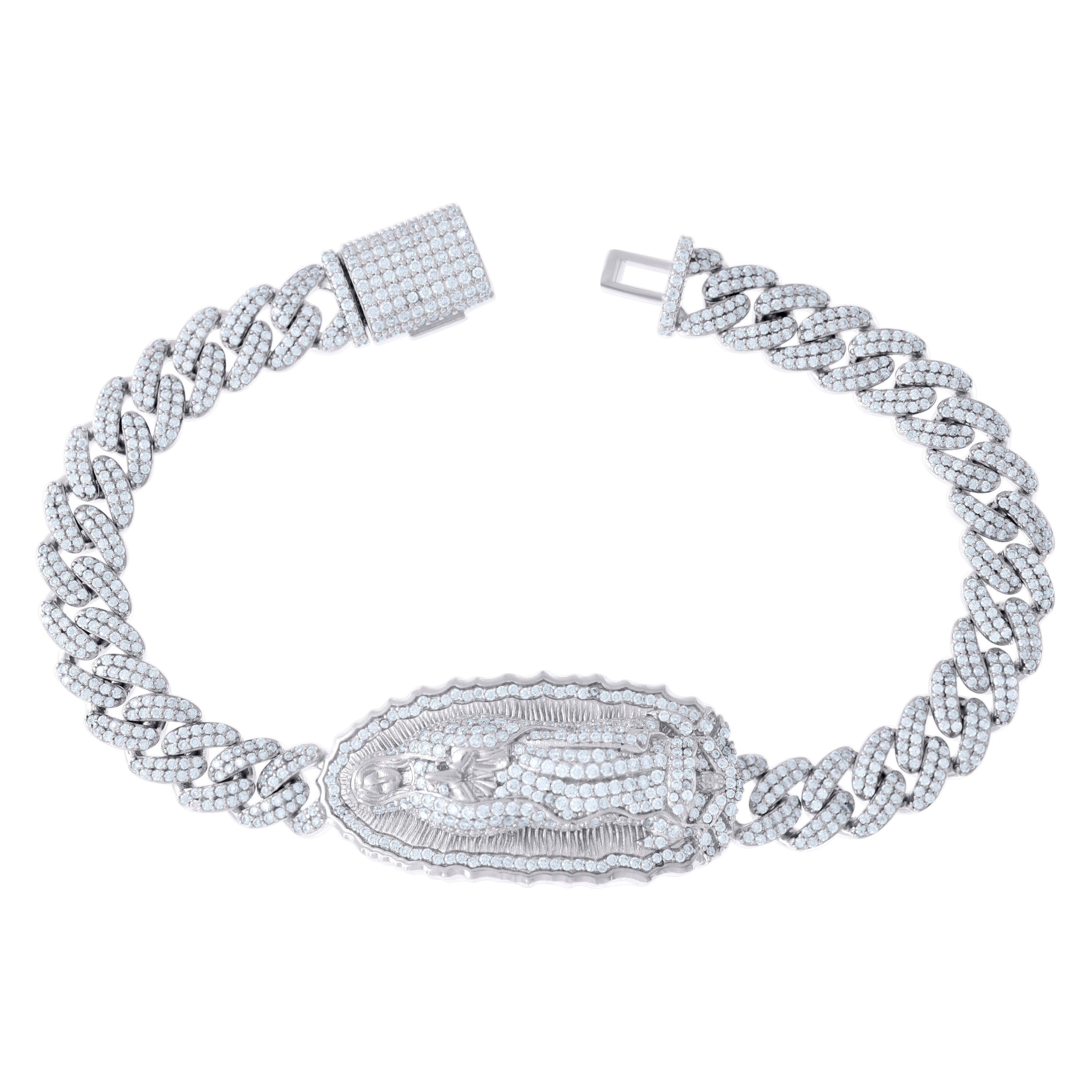 925 Sterling Silver Unisex 6.27ct Moissanite Guadalupe Religious Charm Bracelet Size 8.5 Inches