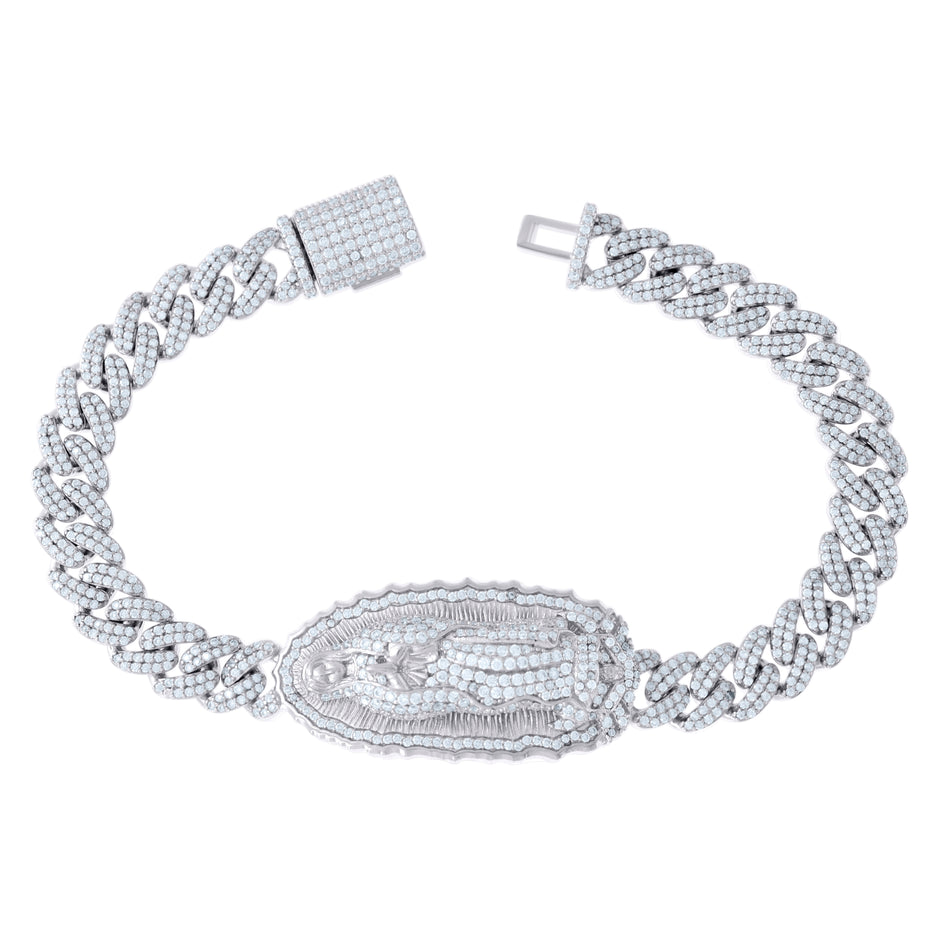 925 Sterling Silver Unisex 6.27ct Moissanite Guadalupe Religious Charm Bracelet Size 8.5 Inches