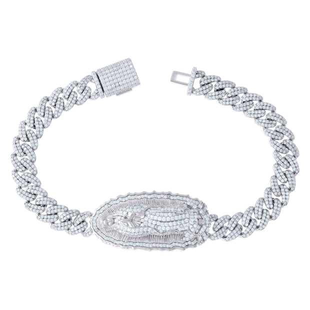 925 Sterling Silver Unisex 6.27ct Moissanite Guadalupe Religious Charm Bracelet Size 8.5 Inches
