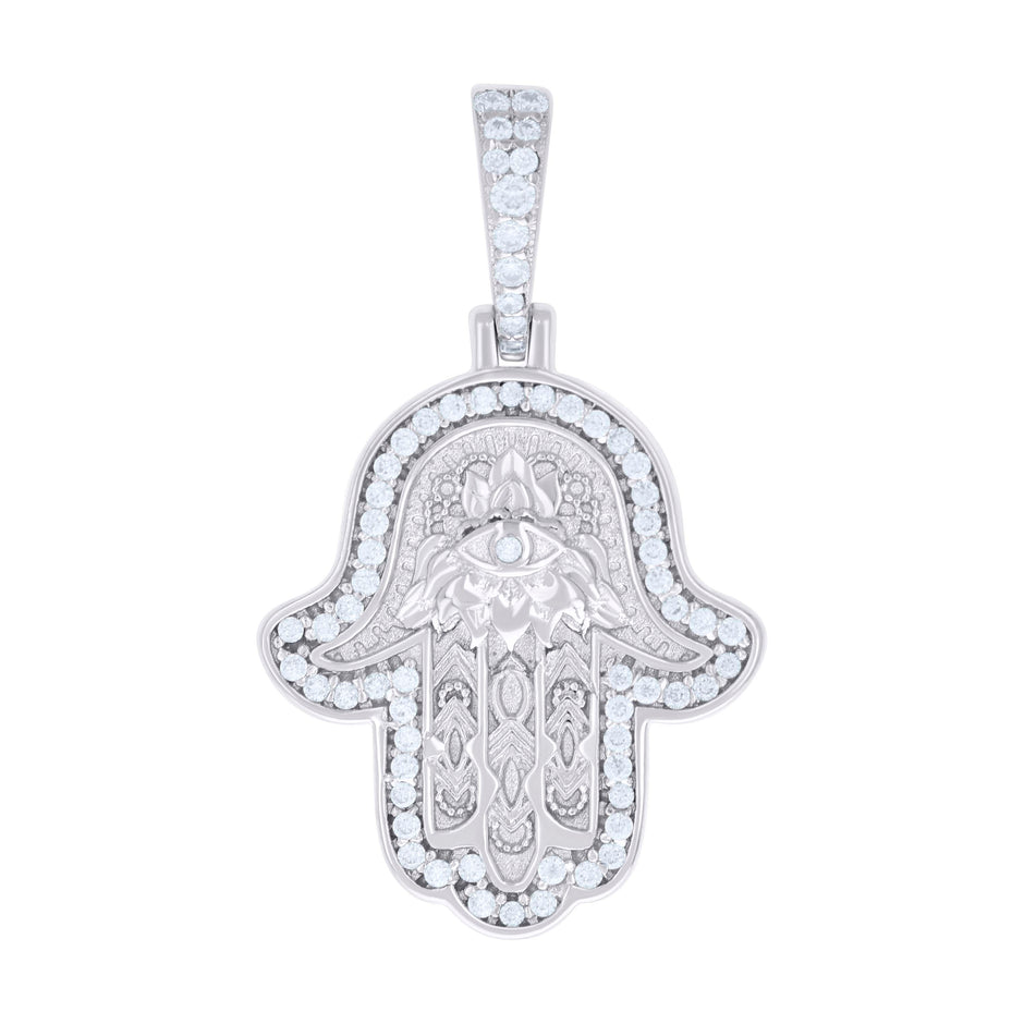 925 Sterling Silver Mens 0.37ct Moissanite Hamsa Symbol Religious Pendant 