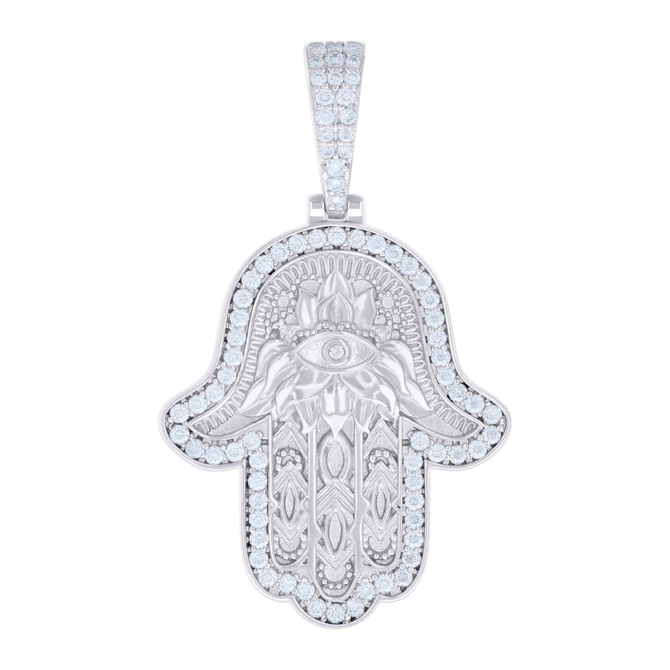 925 Sterling Silver Mens 1.38ct Moissanite Hamsa Symbol Religious Pendant 