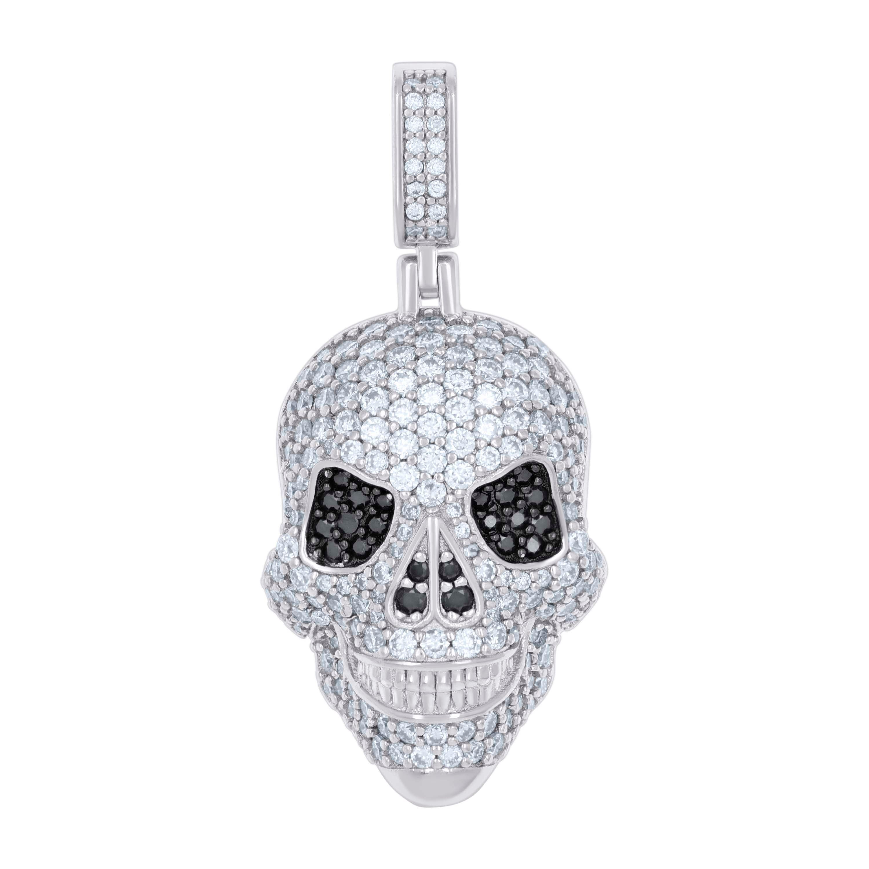 925 Sterling Silver Mens 2.32ct Black White Moissanite Skull Fashion Pendant 