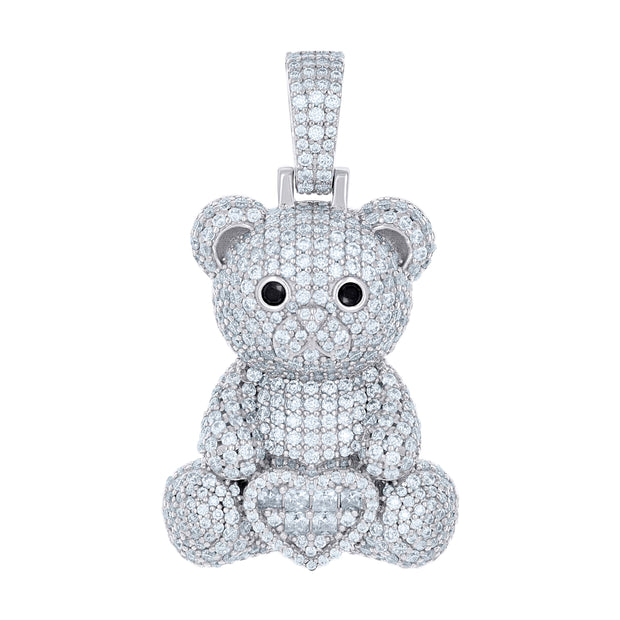 925 Sterling Silver Mens 3.52ct Round 0.33ct Baguette Black White Moissanite Teddy Bear Heart Pendant 