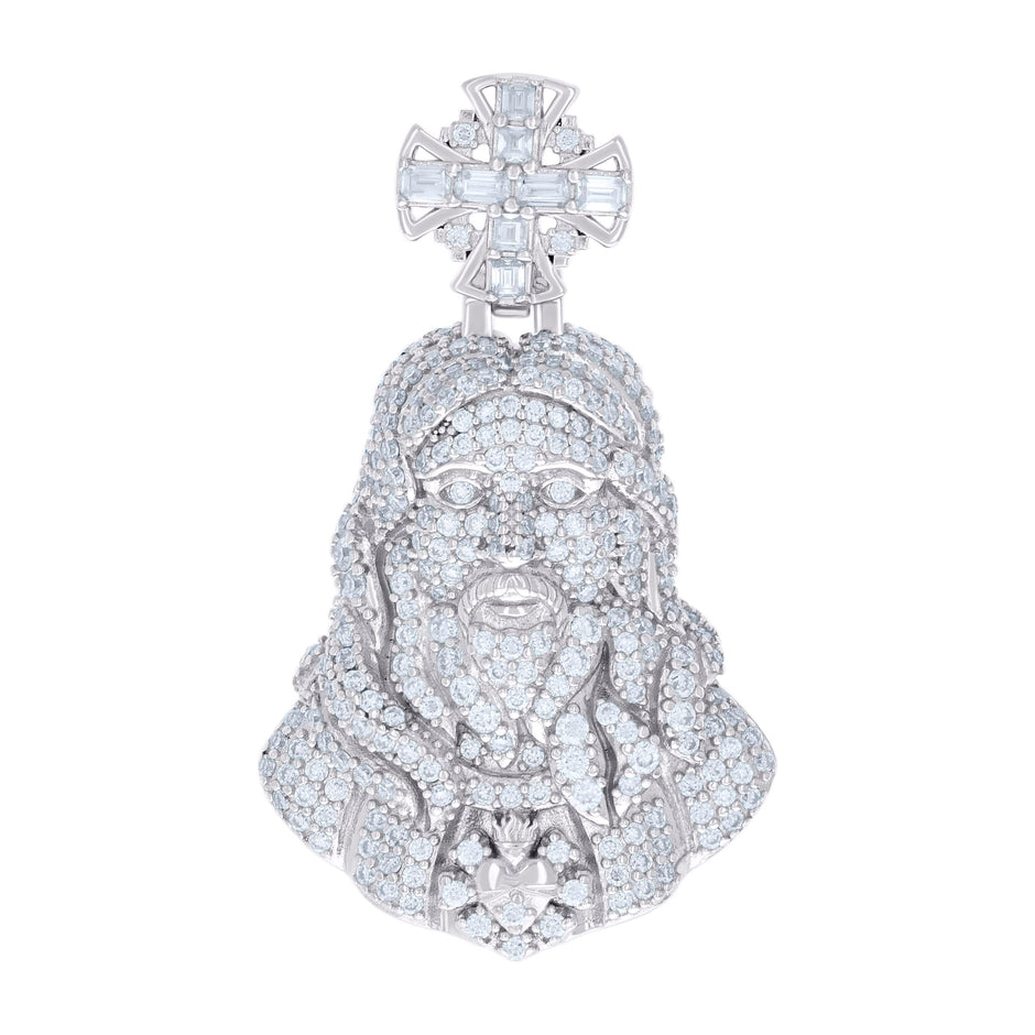 925 Sterling Silver Mens 1.90ct Round 0.37ct Baguette Moissanite Cross Jesus Religious Pendant 