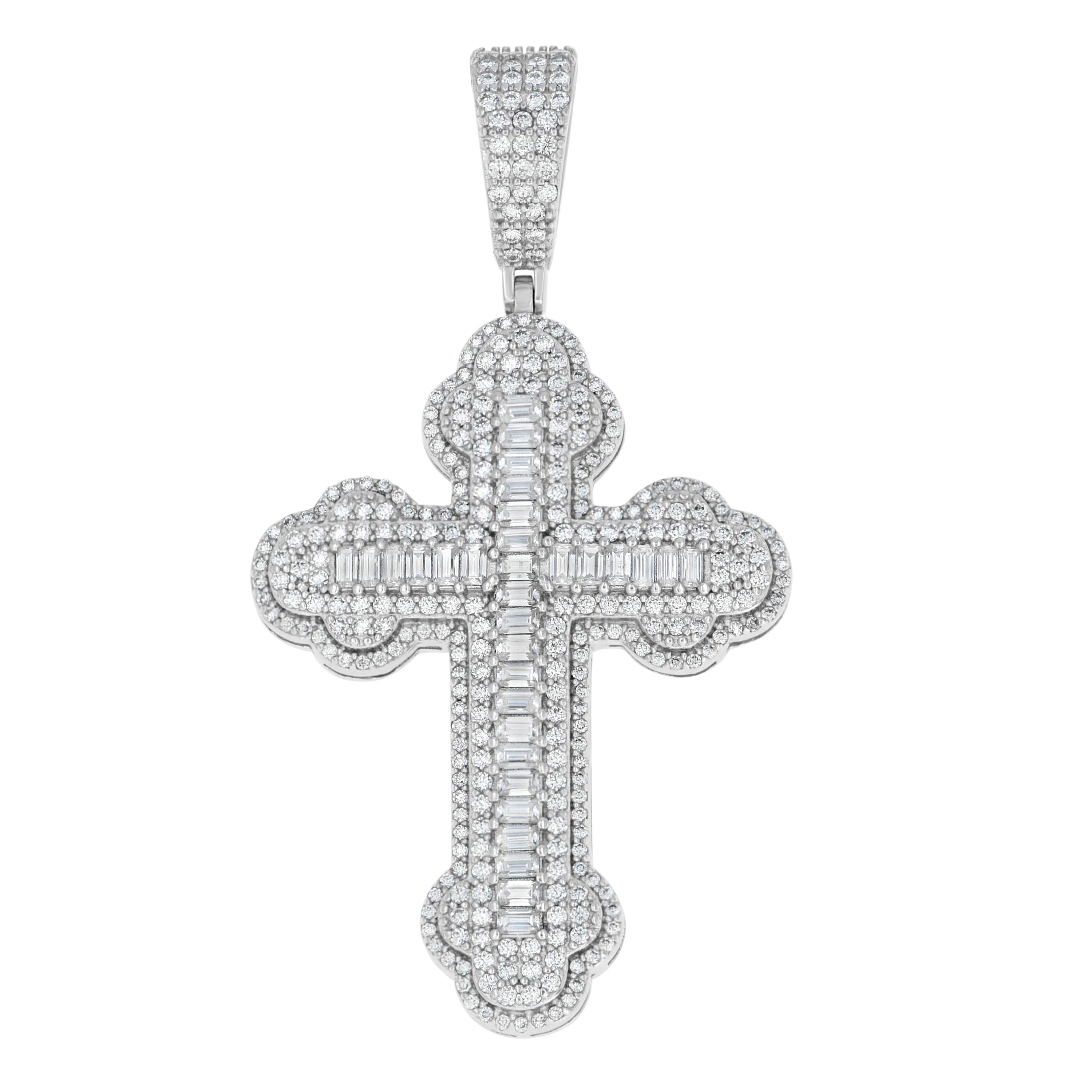 925 Sterling Silver Mens Round 2.1ct, Baguette 1.69ct Moissanite Cross Religious Pendant 
