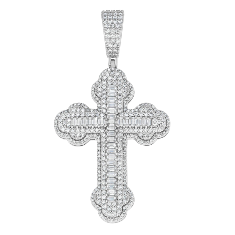 925 Sterling Silver Mens Round 2.1ct, Baguette 1.69ct Moissanite Cross Religious Pendant 