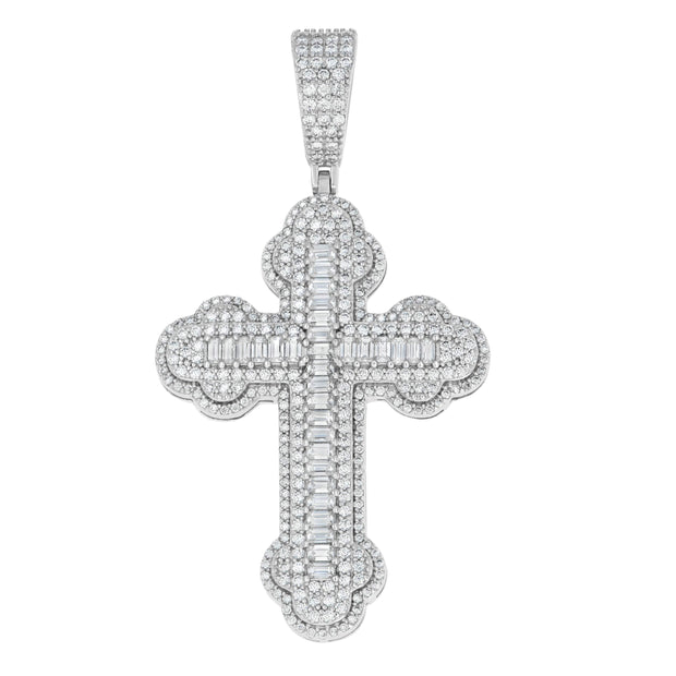 925 Sterling Silver Mens Round 2.1ct, Baguette 1.69ct Moissanite Cross Religious Pendant 