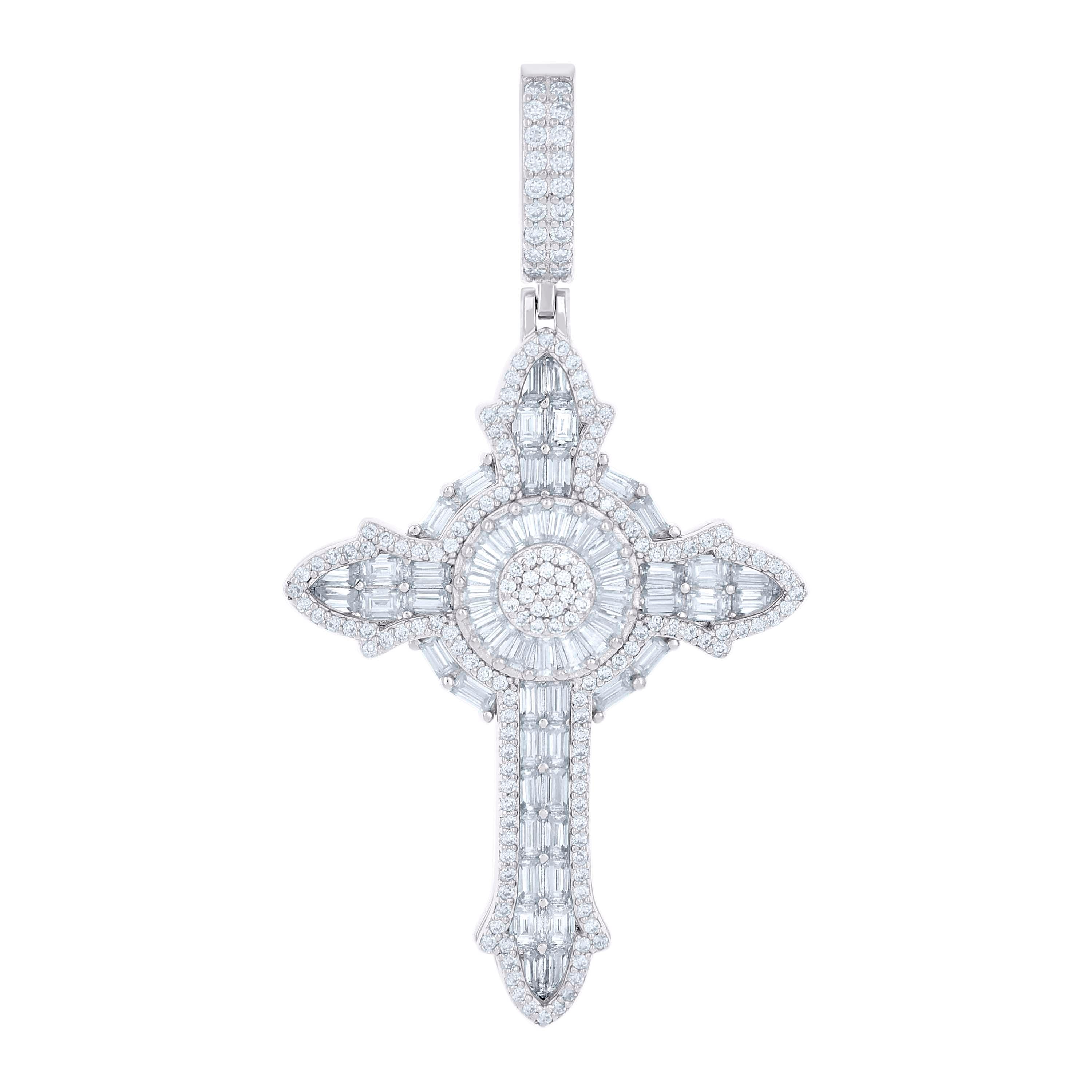925 Sterling Silver Mens 0.97ct Round 3.26ct Baguette Moissanite Cross Religious Pendant 
